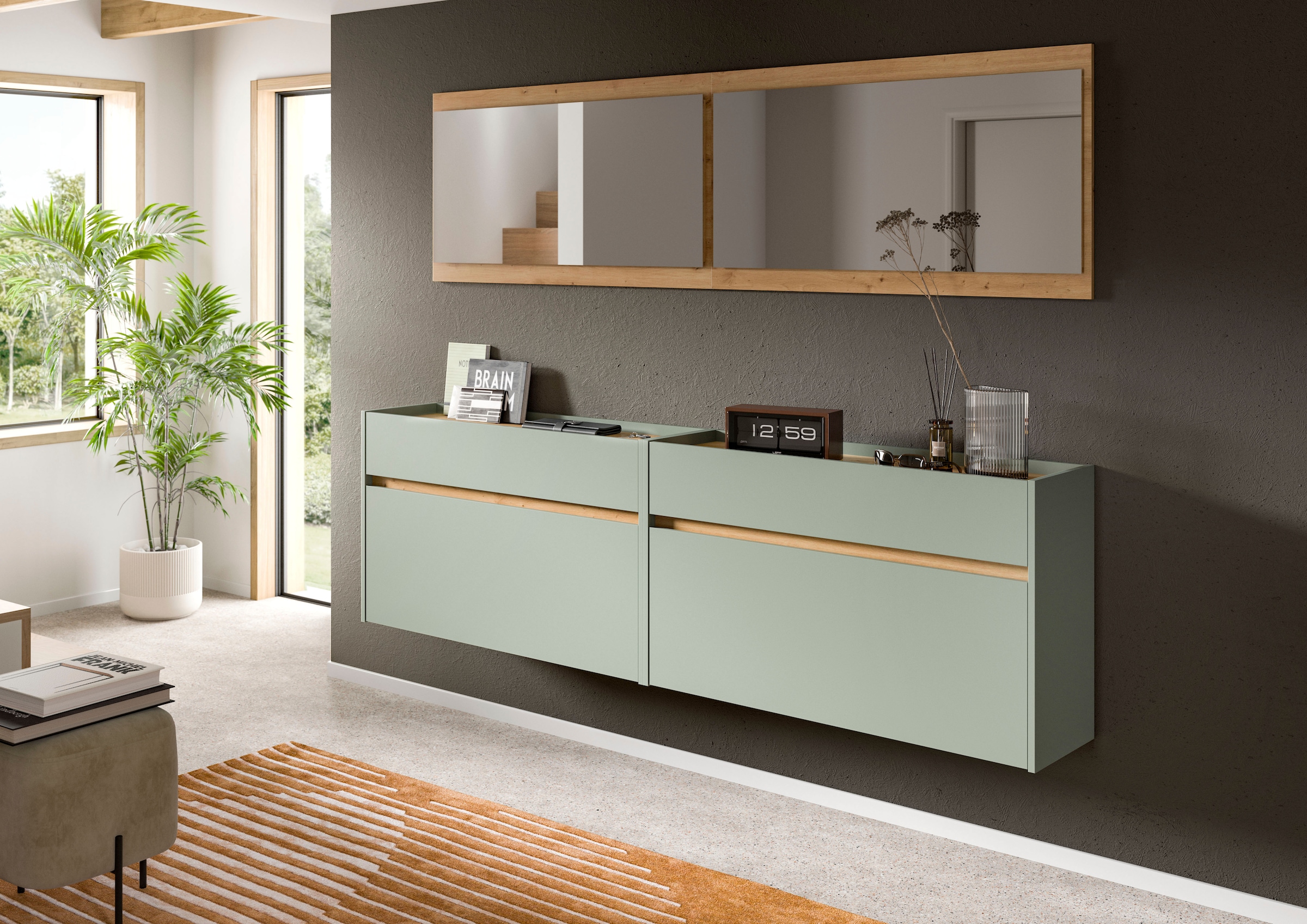 Home affaire Garderoben-Set »EVRID, 4-teilig, Breite 220 cm, individuell hängbar & erweiterbar« best. aus: 2x Kommode und 2x Spiegel, 4 Stk. tlg.