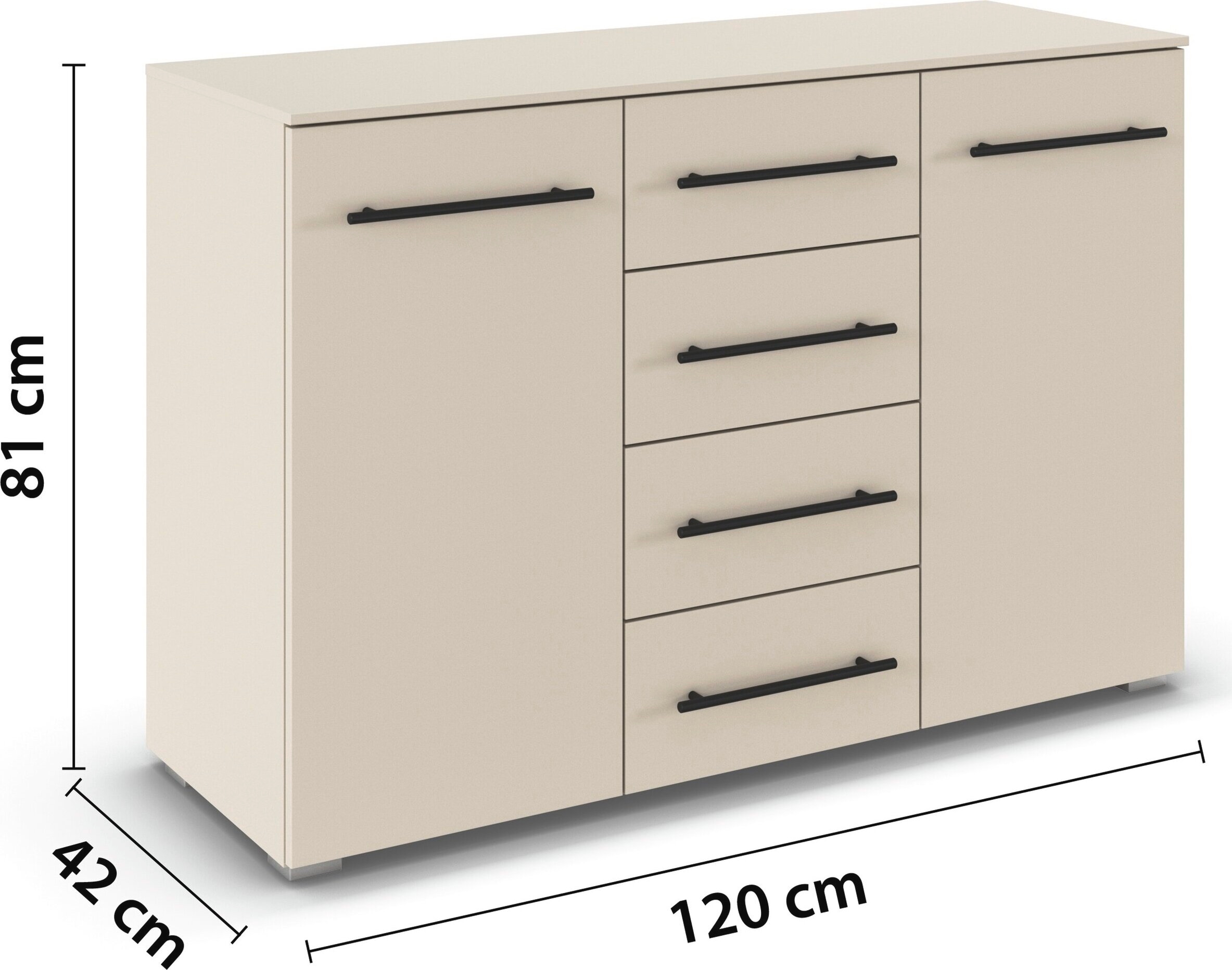 OTTO home Kombikommode »Sideboard Türkommode Schubladenkommode Kommode RONDO« Breite 120 / Höhe 81 cm, 4 Einlegeböden,  mit 4 geräumigen Schubladen Metallgriff in Schwarz MADE IN GERMANY