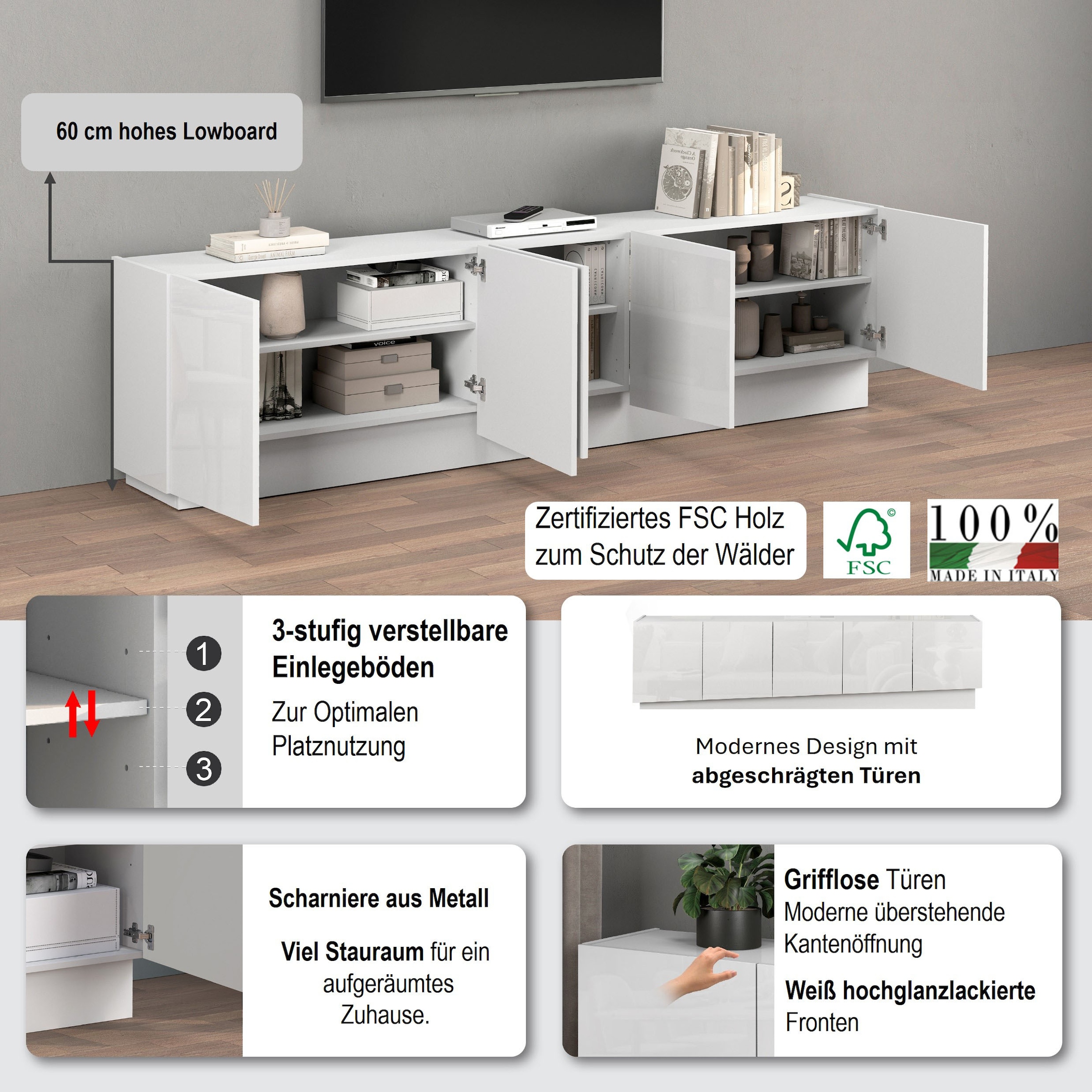 INOSIGN Lowboard »VELA, Höhe 60 cm, Breite 225 cm,Design mit schrägen Türen«, (1 St.), Made in Italy, Maße-B/T/H: 225x35x60, Lowboard, TV-Board, TV-Kommode