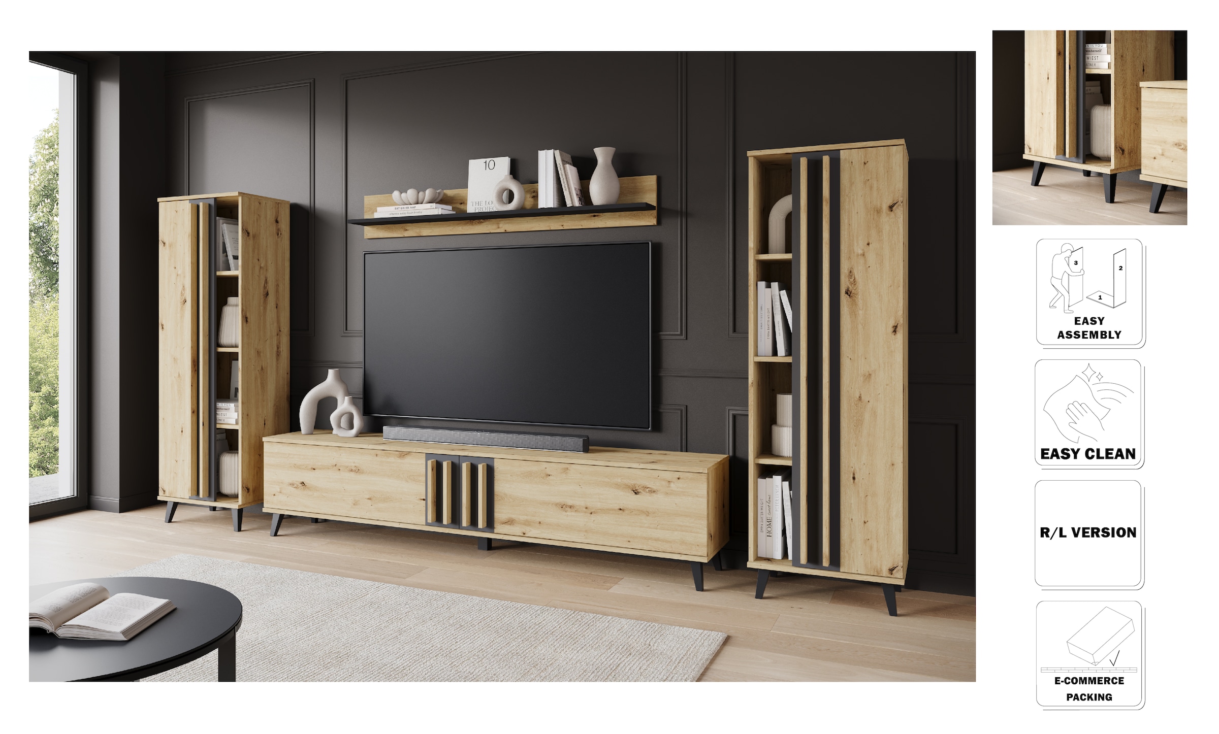 INOSIGN Wohnwand »Helsinki, Modernes Möbelset«, (Komplett-Set, 4 St.), mit lamellengriffen, verstellbaren Einlegeböden und Kunststofffüßen