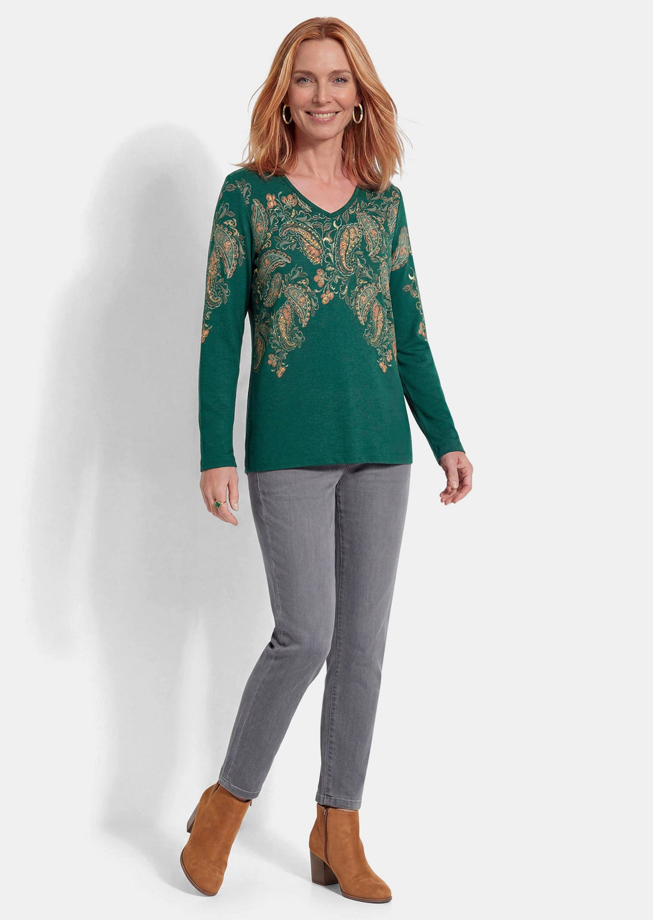 GOLDNER Print-Shirt »Kurzgröße Glitzershirt mit Paisley-Druck« stretchbequmer Viskosejersey