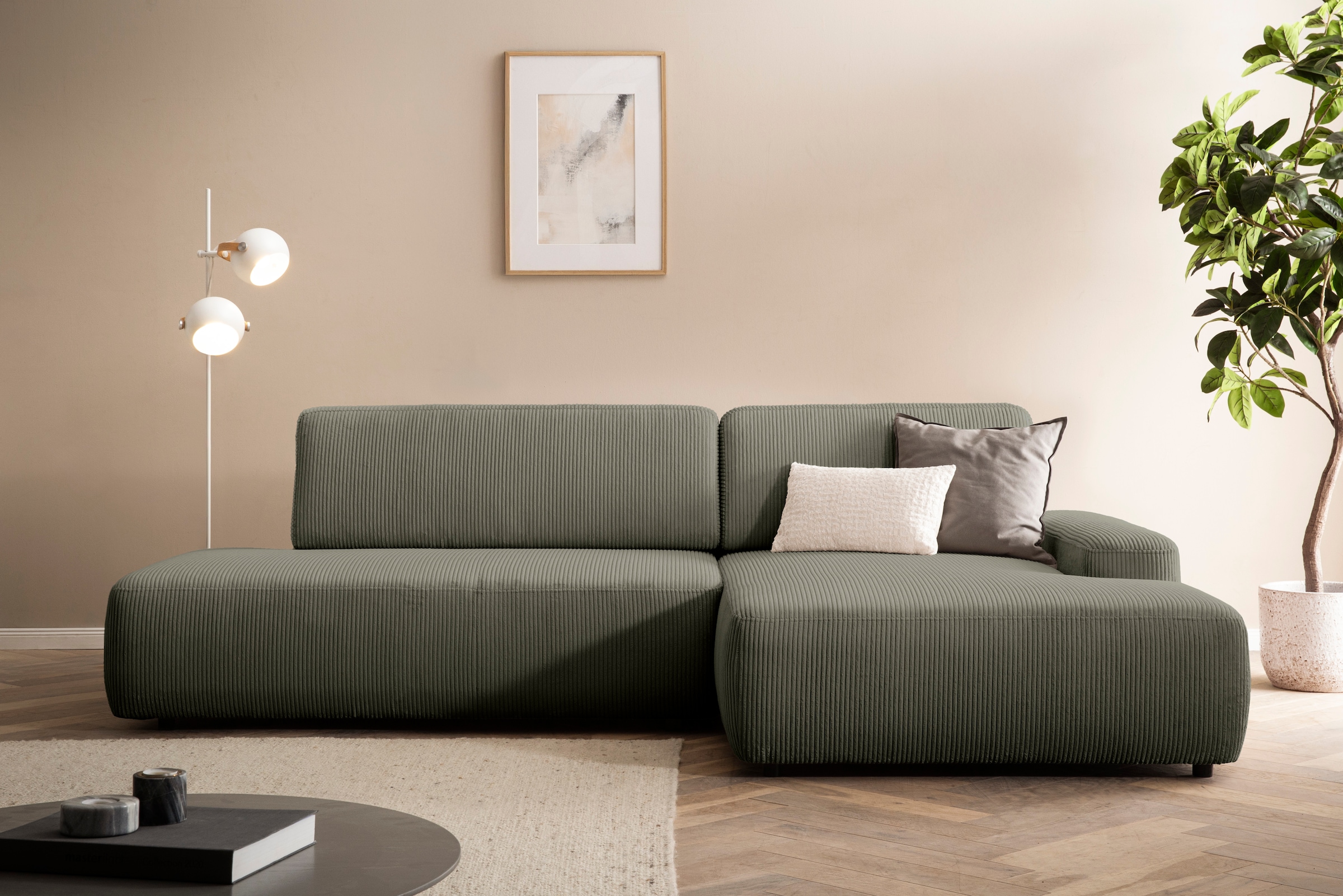 INOSIGN Ecksofa »TORGE, Schlafsofa Cord, Samtvelours u. Strukur fein, Couch in L-Form« Schlaffunktion und Bettkasten, Liegefläche: 210x125 cm, neues Design