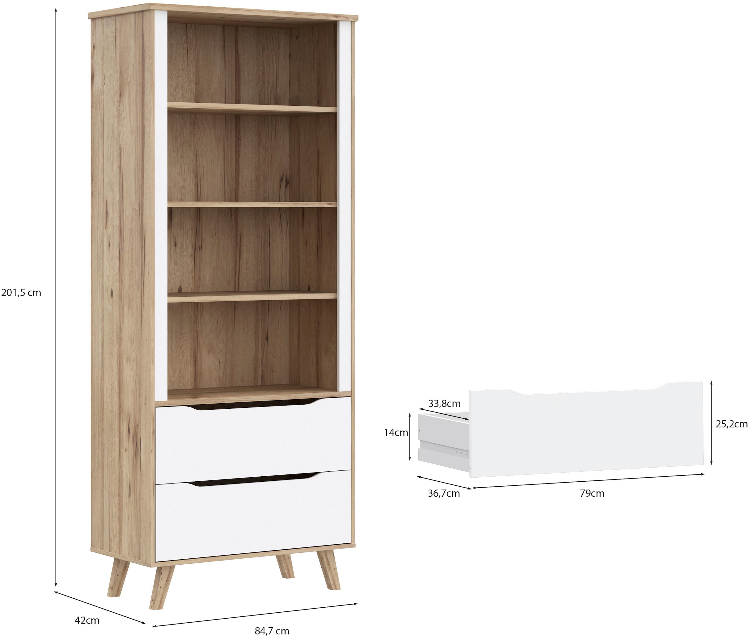 FORTE Wandregal »Vankka Regal 2 Schubkästen«, (B/H/T 84,7/201,5/41,7 cm), Regal, Holzfüße, Einlegeböden variabel, 2 Schubkästen