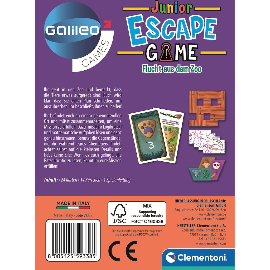 Clementoni® Spiel »Galileo, Escape Game Junior Flucht aus dem Zoo«