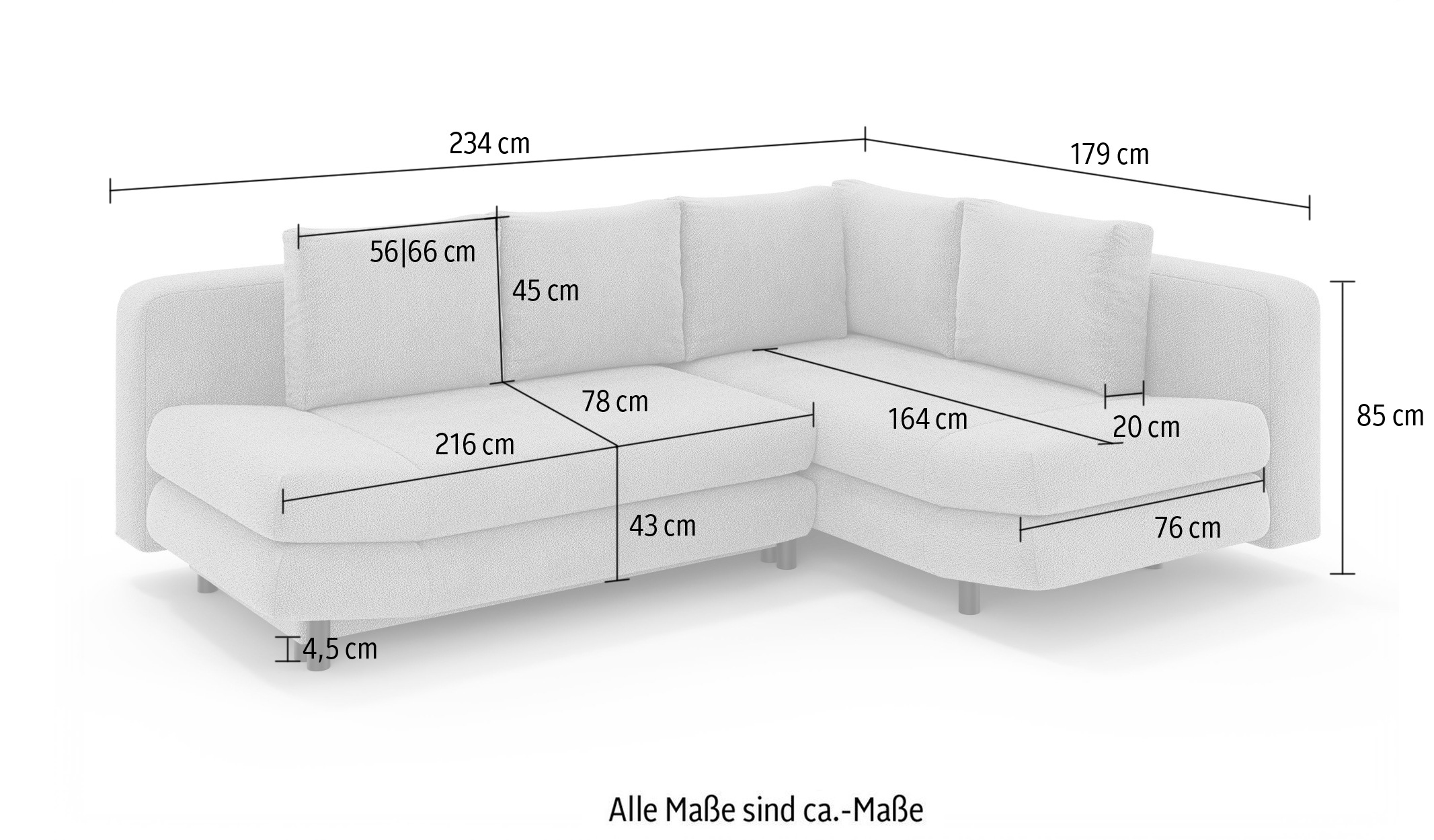 Home affaire Ecksofa »LENNARA Schlafsofa mit Bettkasten, Maße B/T/H: 234/179/85 cm«, L-Form mit Ottomane rechts/links, mit Wellenunterfederung