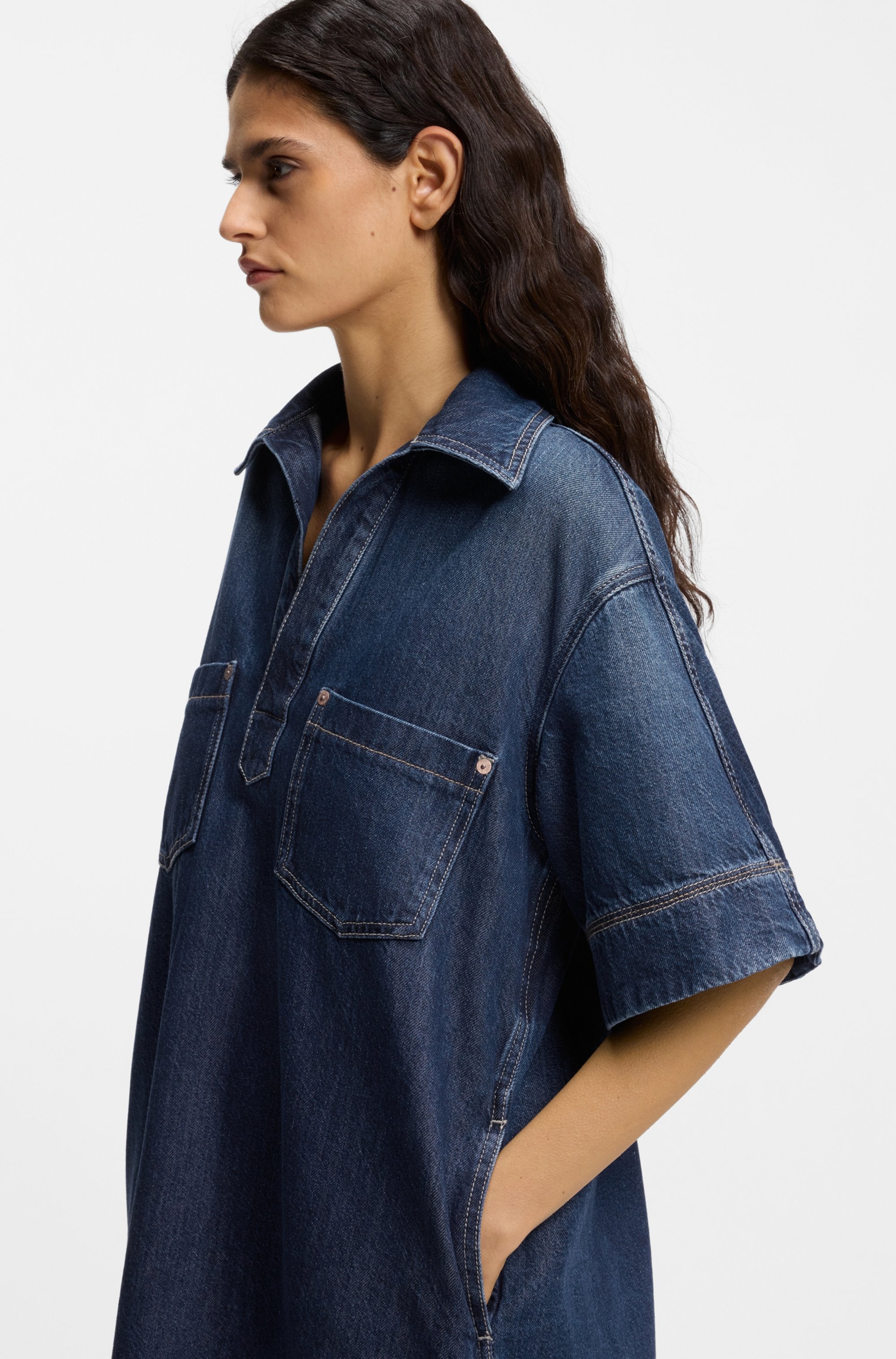 BOSS ORANGE Polokleid »POLO DRESS Premium Damenmode« Brusttaschen | Eingrifftaschen im Denim-Look, weite Ärmel