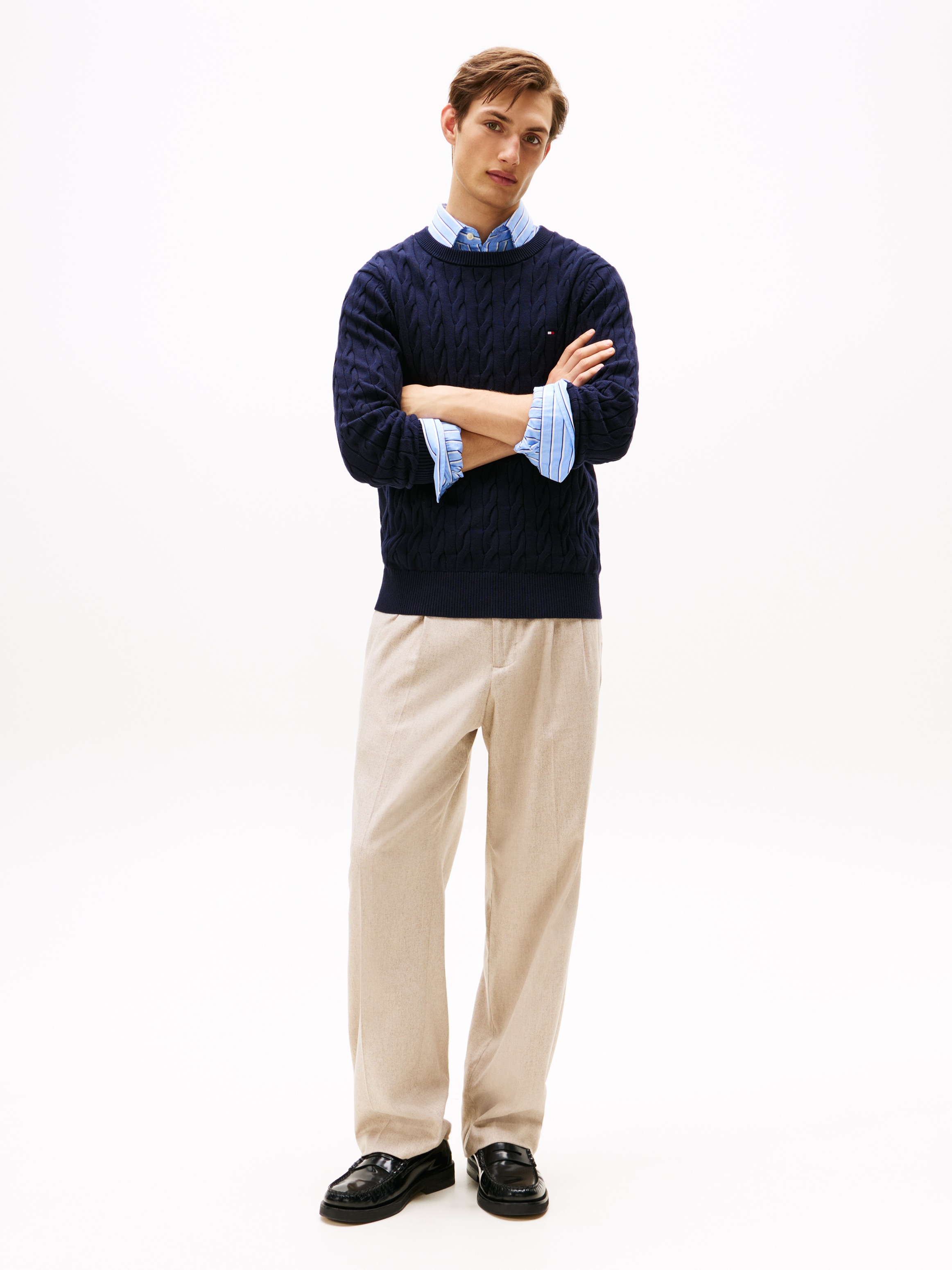 Tommy Hilfiger Strickpullover »CLASSIC CABLE CREW NECK mit Strukturstrick und Flaglabel« unifarben, casual, regular fit, Baumwolle, Rundhals