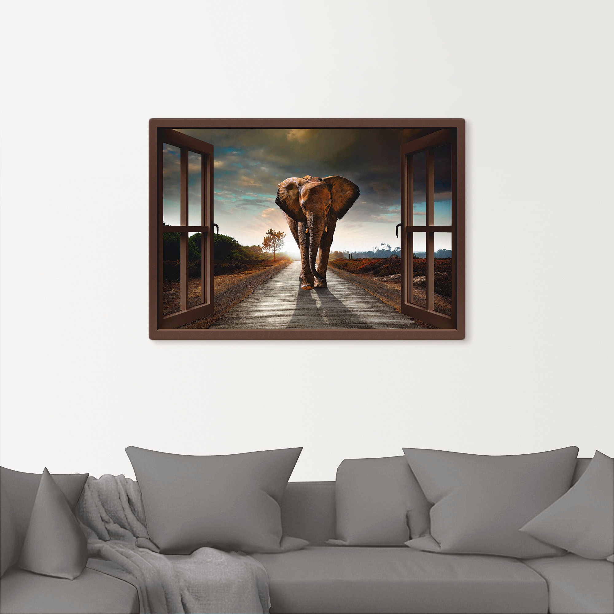 Artland Leinwandbild »Elefant auf Straße - braunes Fenster«, Fensterblick, (1 St.), auf Keilrahmen gespannt