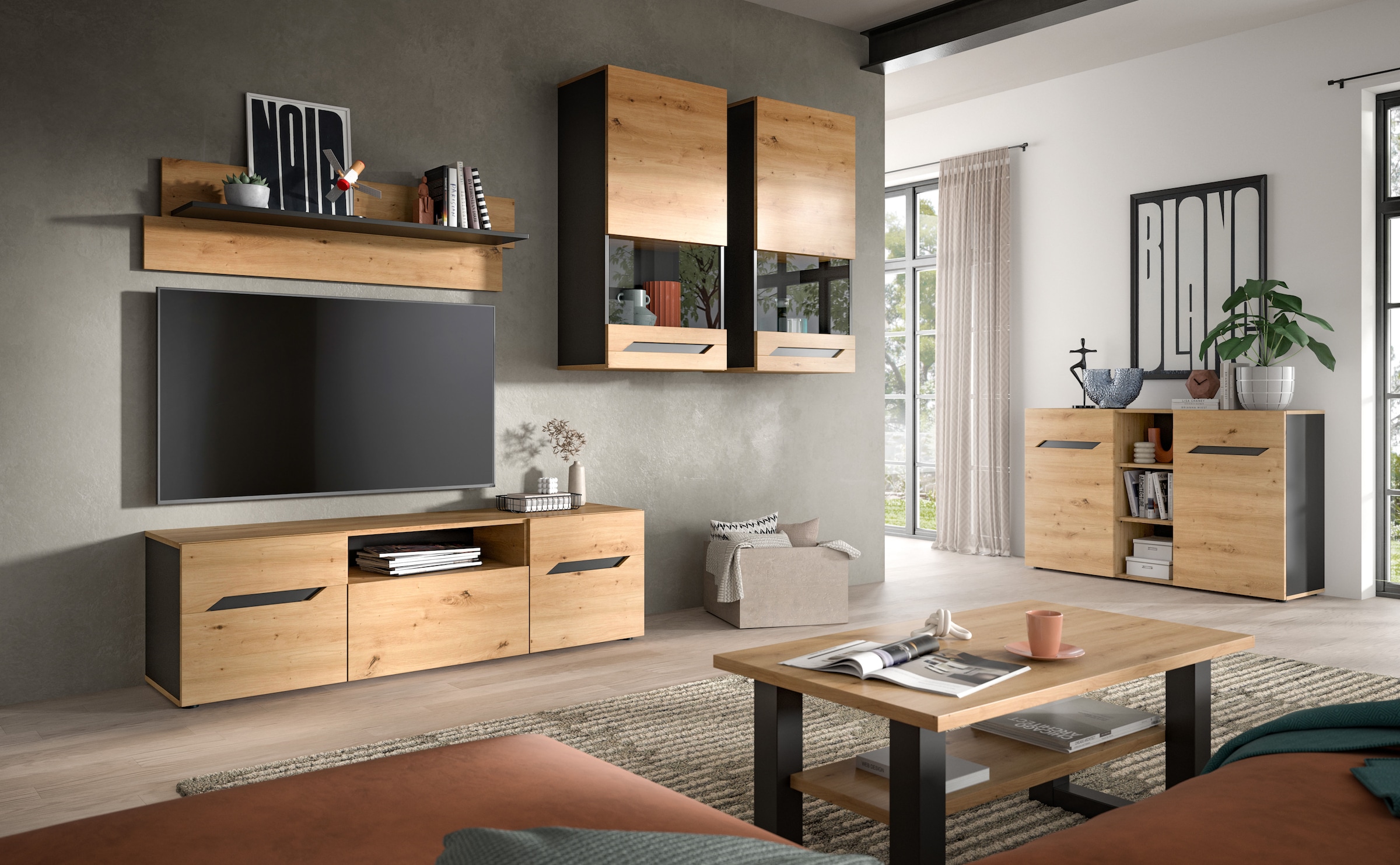 INOSIGN Wohnwand »SERTA, 4-teilig, best. aus: 2x Vitrine, 1x Lowboad & 1x Wandboard«, Anbauwand, Set, Möbelset, TV-Wand, Wohnzimmerset, Schrankwand