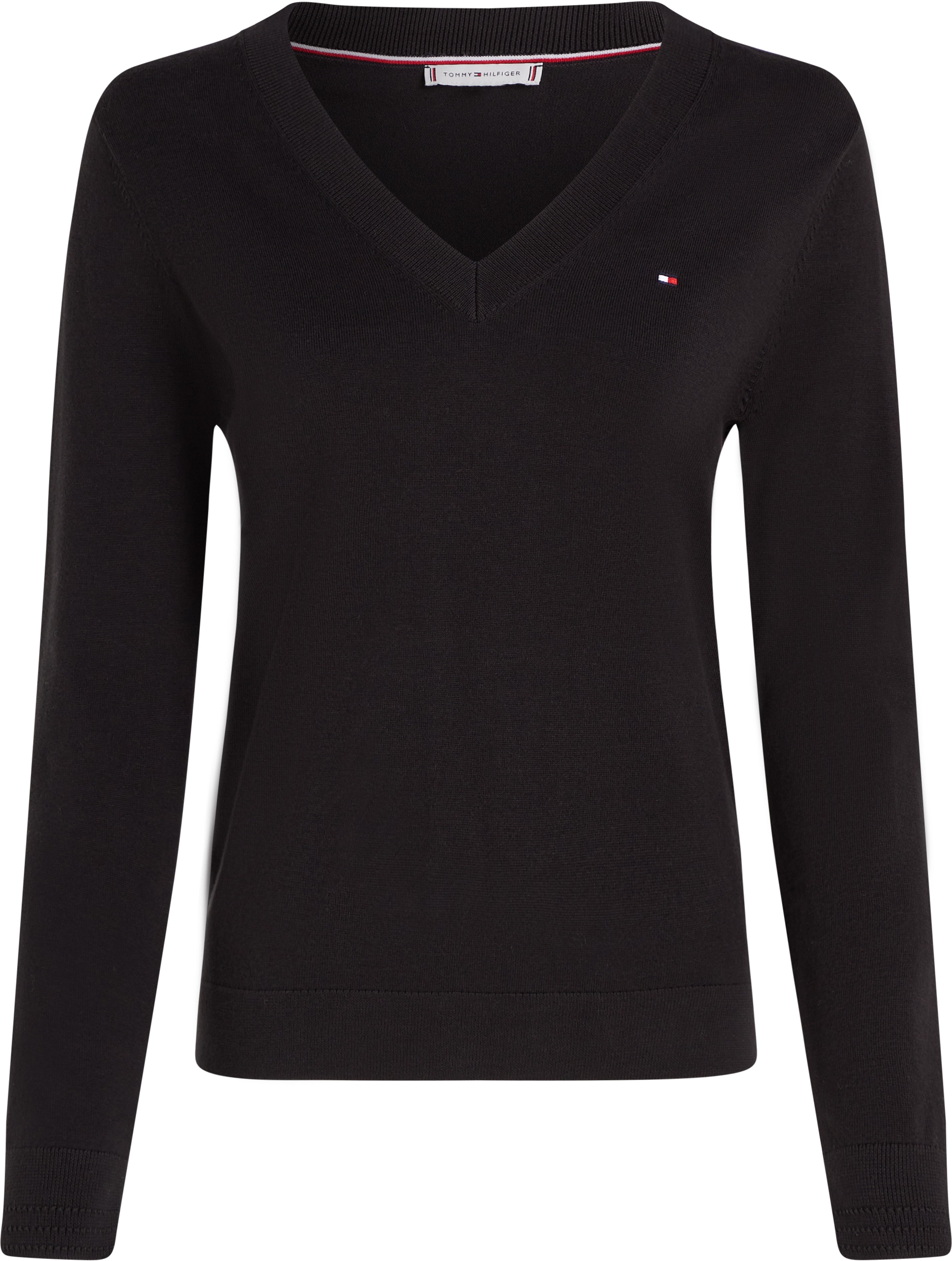 Tommy Hilfiger V-Ausschnitt-Pullover »CO JERSEY STITCH V-NK SWEATER mit V-Ausschnitt und Ripp«, unifarben, casual, regular fit, Baumwollmix, V-Ausschnitt