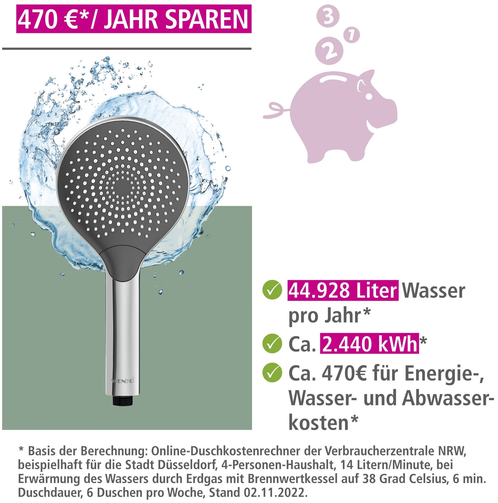 WENKO Handbrause »Watersaving«, (1 tlg.), Chrom, Ø 12 cm