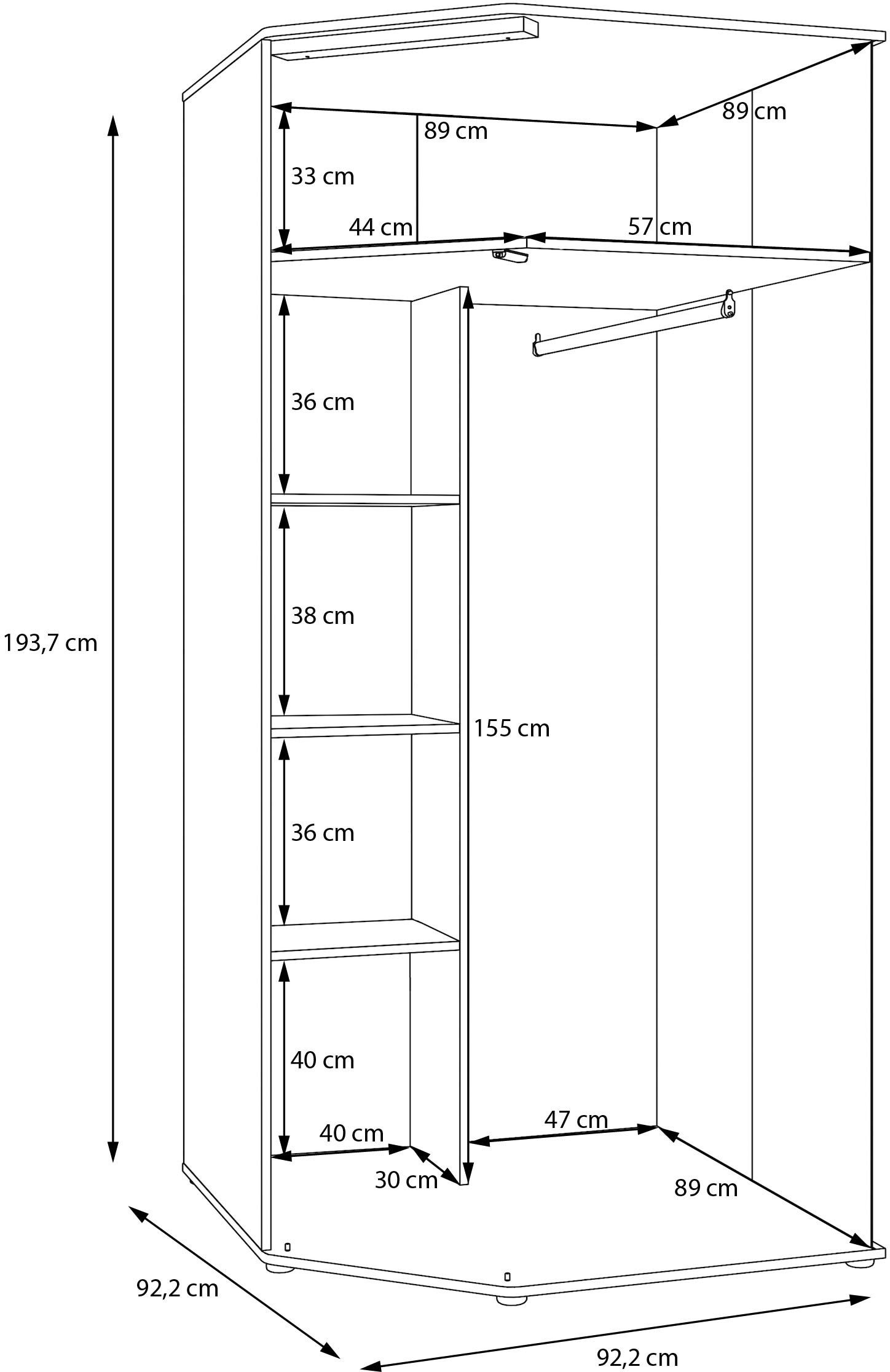 FORTE Eckkleiderschrank, B/H/T 92,2/193,7/92,2 cm