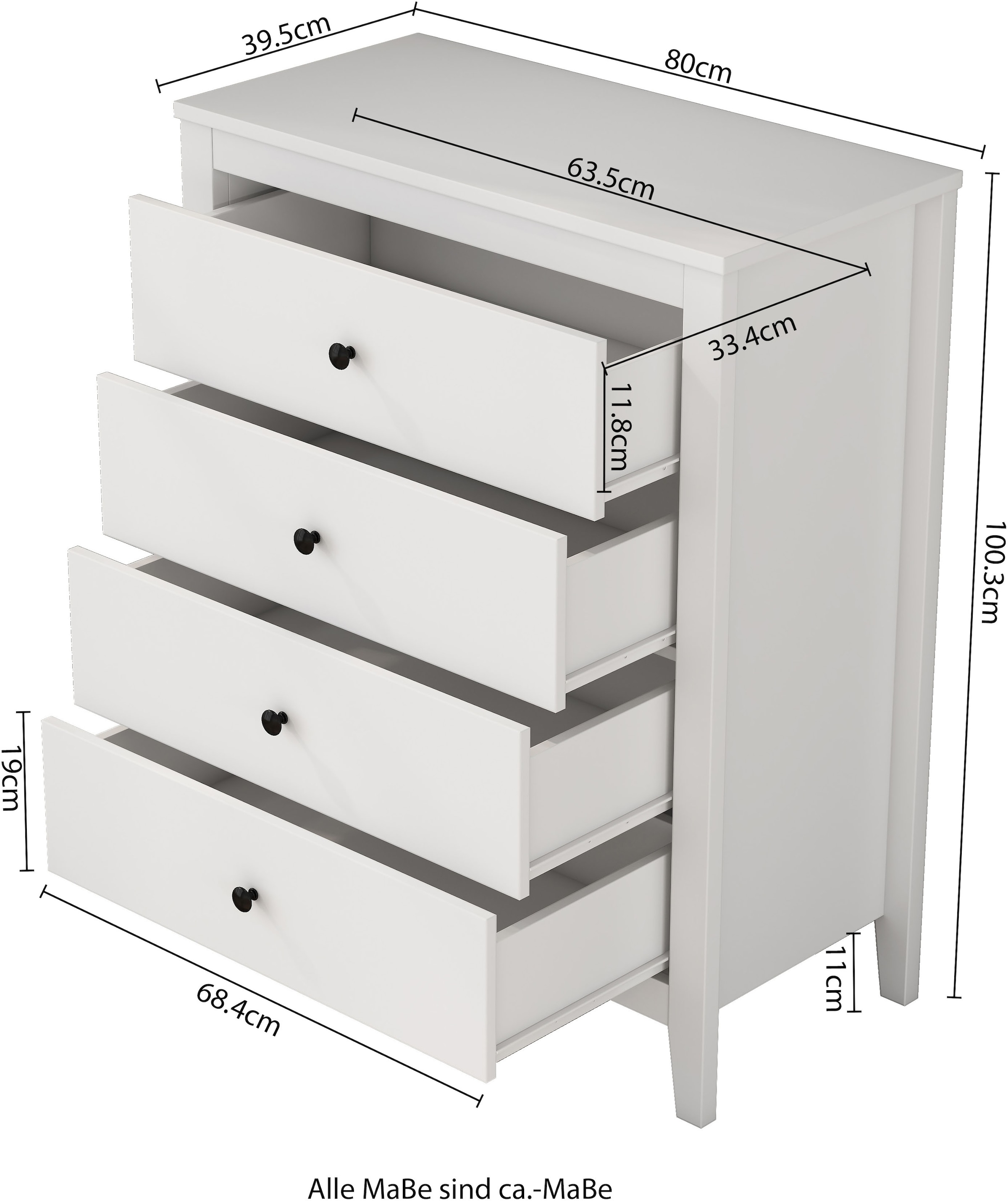 OTTO home Schubkastenkommode »Borkum Sideboard mit 4 Schubladen Bestseller Landhaus weiß« hochwertige schwarze Griffe aus Metall, 