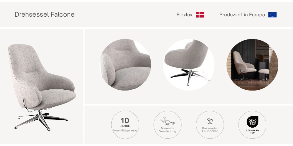 FLEXLUX Drehsessel »Falcone, Drehbarer Fernsehsessel, Entspannung, Hoher Komfort, Scandi«, Mit Liegefunktion, Gepolstert mit Stoffbezug, Robuster Schwarzer fuß
