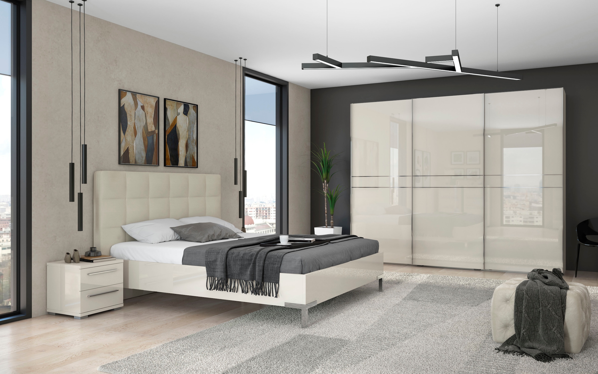 Places of Style Schwebetürenschrank »Piano, FSC-zertifiziert, mit Einlegeböden und Kleiderstangen«, (in 3 Breiten, 224cm hoch, mit verchromten Aufleistungen), UV lackiert, hochglänzend, mit Soft-Close Funktion, in beige oder weiß