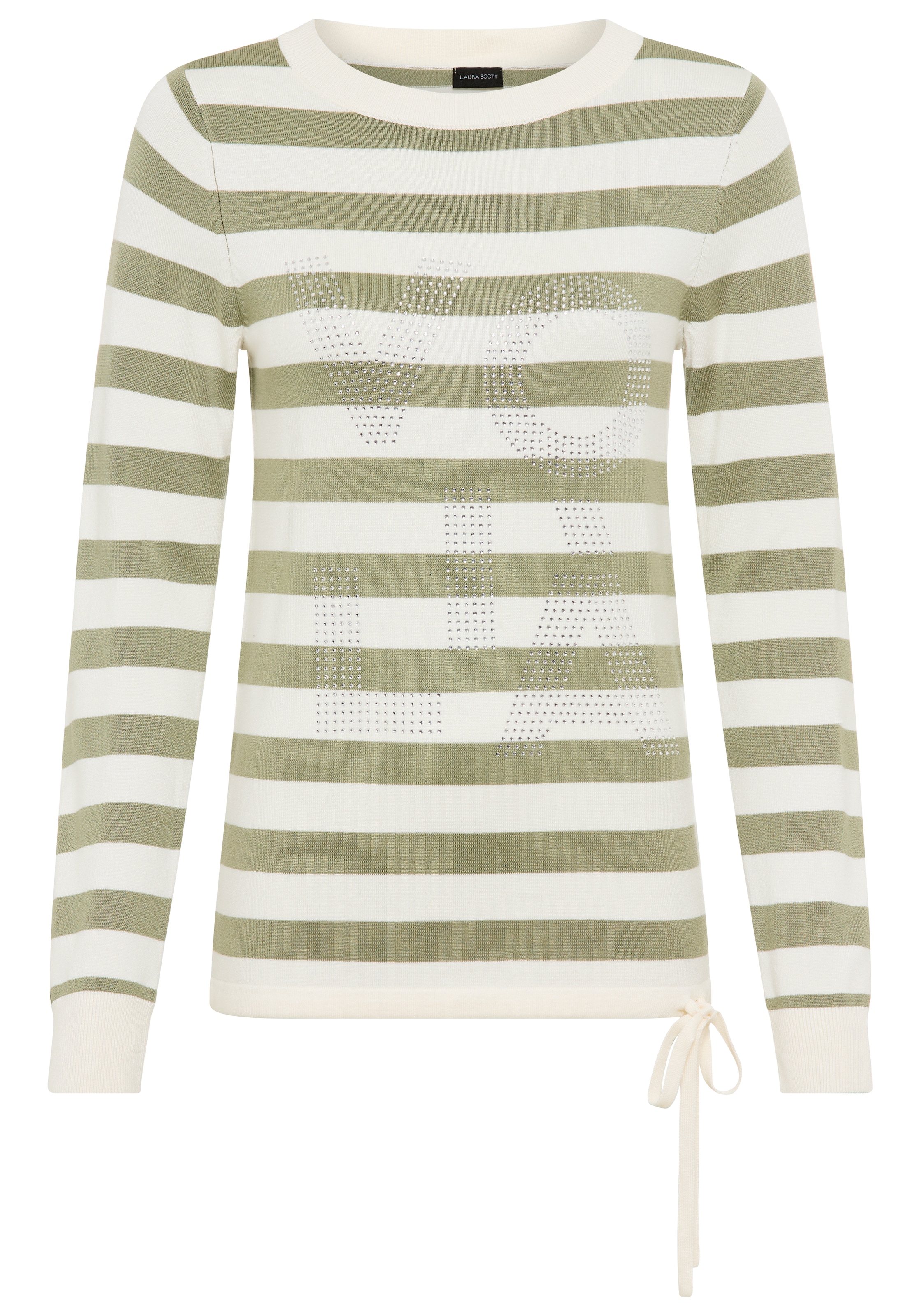 Laura Scott Streifenpullover leichter Übergangspullover mit Glitzerschrift und Bindeband