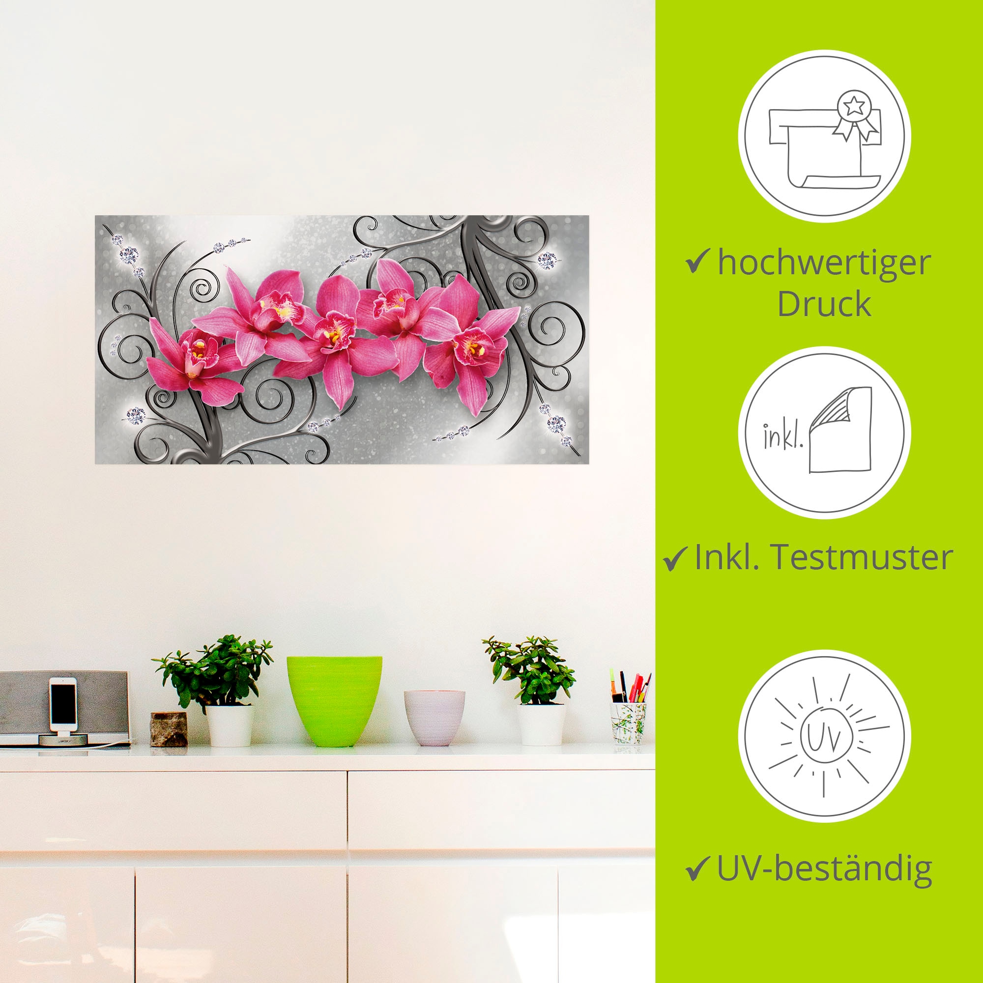 Artland Wandbild »rosa Orchideen auf Ornamenten«, Blumenbilder, (1 St.), als Alubild, Outdoorbild, Leinwandbild, Poster, Wandaufkleber