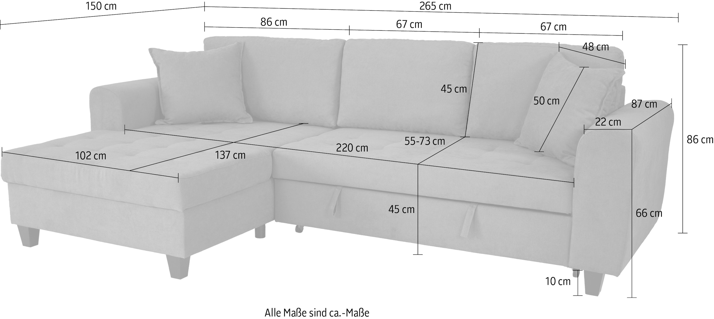 Trends by HG Ecksofa »Moritz L-Form, B: 265 cm« mit Bettfunktion, Bettkasten & Zierkissen