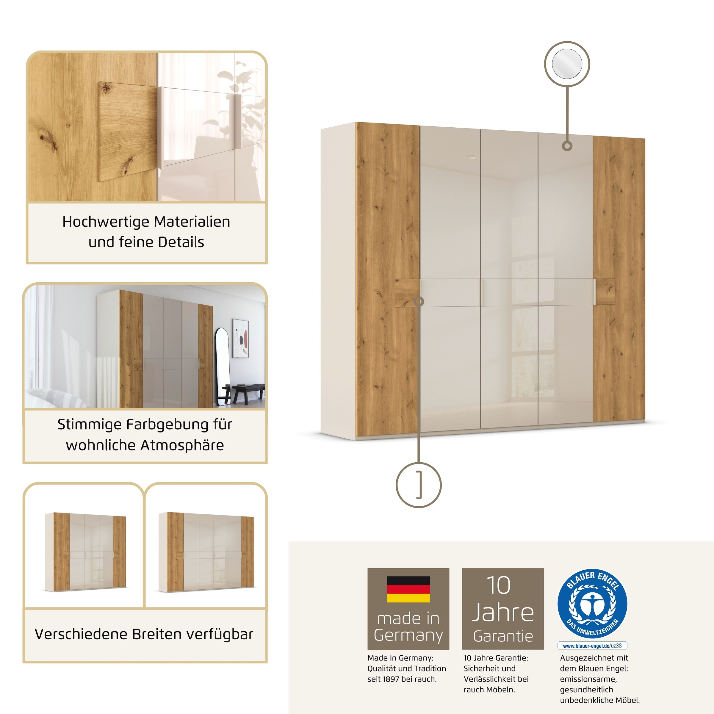 rauch Kleiderschrank »Drehtürenschrank Schrank Garderobe Wäscheschrank KONA« Breiten 251/301 cm, Höhe 223 cm, Tiefe 61 cm,  Glasauflage, Massivholz-Absetzung, SOFT-CLOSE-FUNKTION MADE IN GERMANY