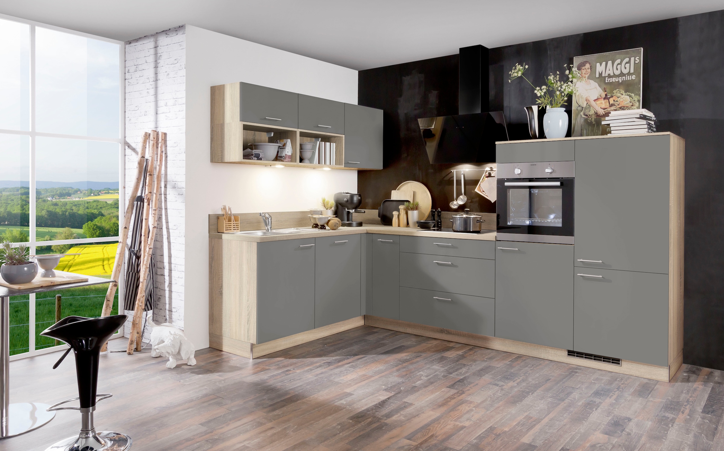 KOCHSTATION Küchenzeile »KS-Scafa, vormontiert, mit höhenverstellbaren Füßen« vormontiert, wahlweise mit E-Geräten, Stellbreite 305 x 185 cm