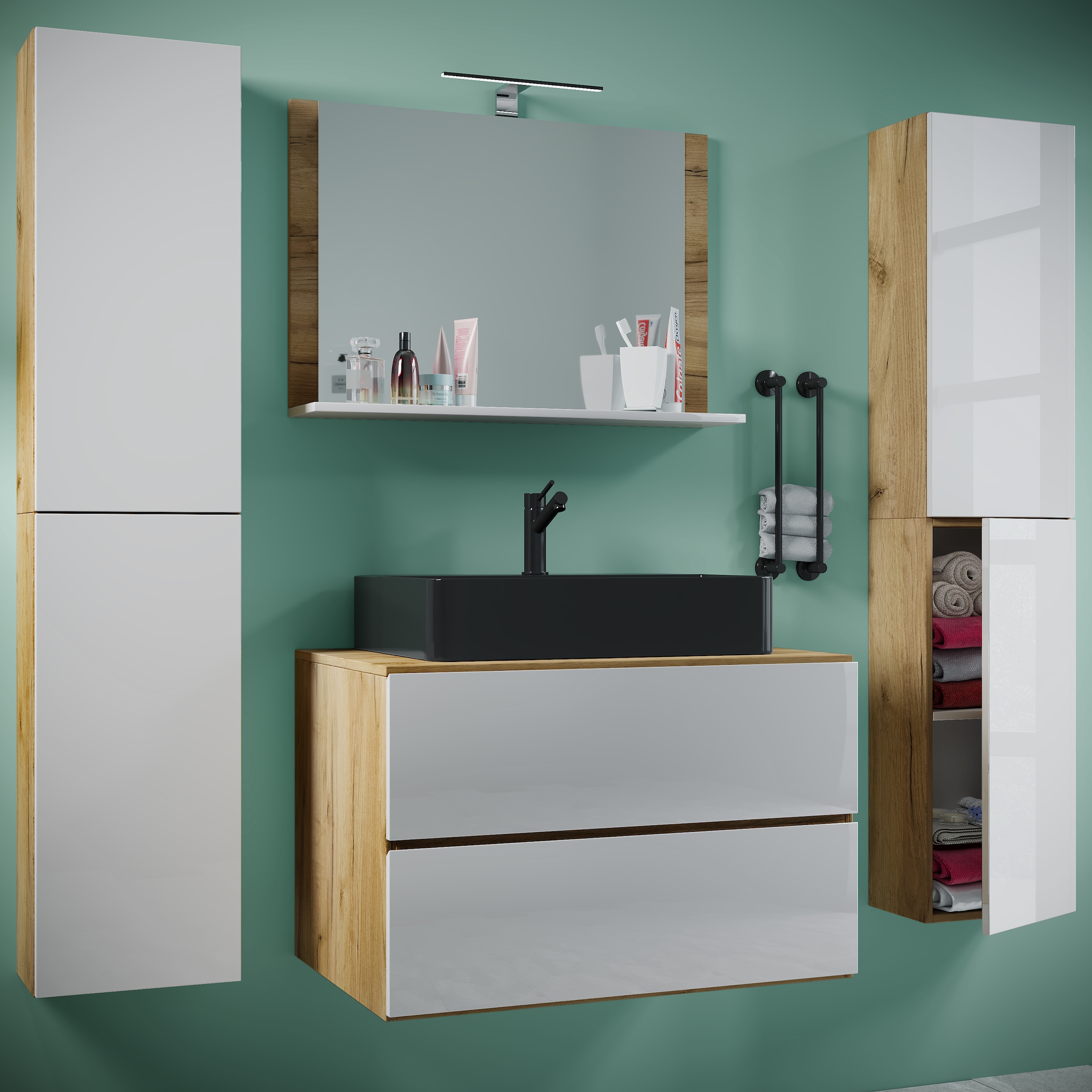 VCM Waschbeckenunterschrank »VCM 5-tlg. Waschplatz Waschtisch Badmöbel Set Waschbecken Lendas BL Breite 80 cm XL Schublade«, (5 St.)