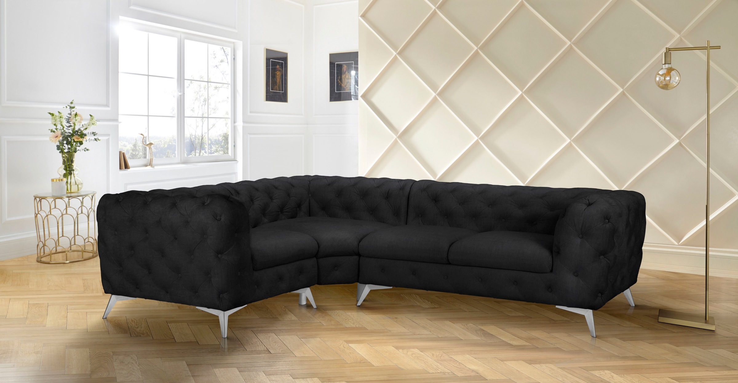 Leonique Chesterfield-Sofa »Ecksofa GLYNIS L-Form mit Wellenunterfederung, Maße B/T/H 264/204/75cm«, aufwändige Knopfheftung, moderne Chesterfield Optik, Fußfarbe wählbar