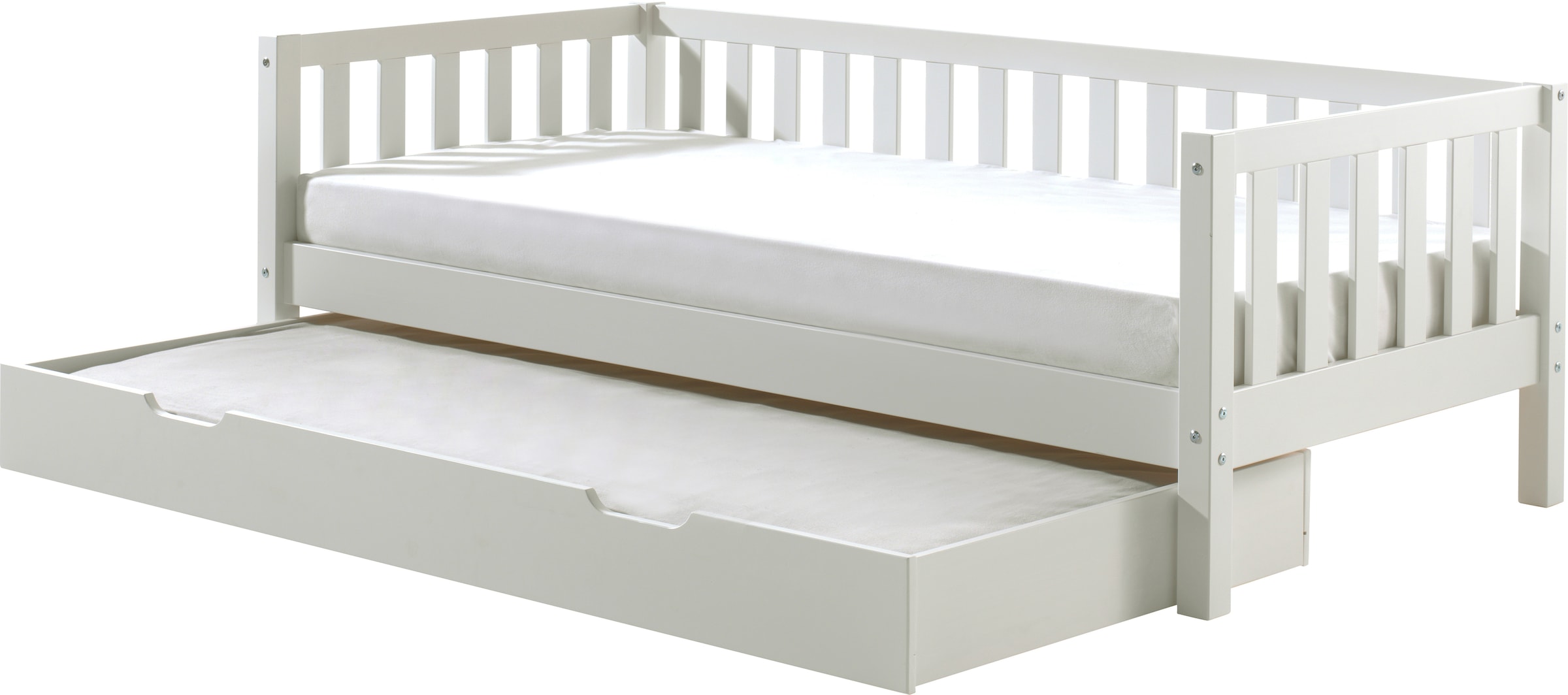 Vipack Einzelbett »Sprossenumrandung, Kiefer massiv, stabil gebaut und zeitloses Design«, (B/H/T ca. 211,2x68x97,8cm, Ausf. Milky Pine oder Weiß), inkl. Rolllattenrost, mit oder ohne Bettschublade