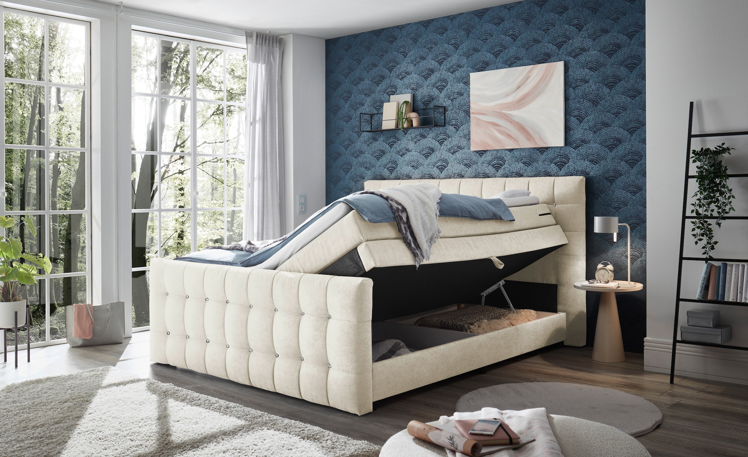 ED EXCITING DESIGN Boxspringbett »Loberie«, mit Strasssteinen im Kopf- und Fußteil, inkl. Bettkasten