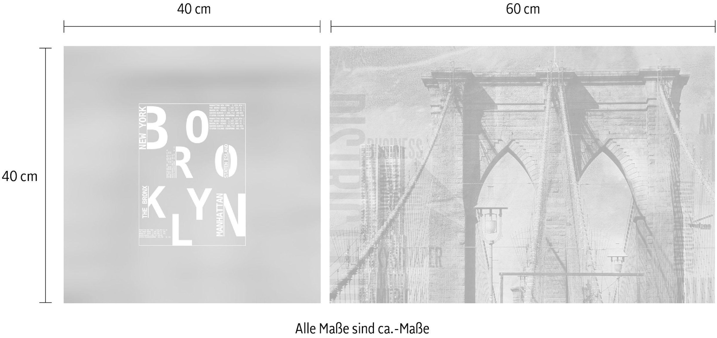 queence Leinwandbild »Brooklyn«, Abstrakte-Kunst-Modern-Spa-Spa Bilder-Sprüche-Sprüche & Texte-Schriftzug-Schriftzüge-New York, (Set), Premium-Leinwandstoff, Handarbeit aus Deutschland, Spruch, 2er Set