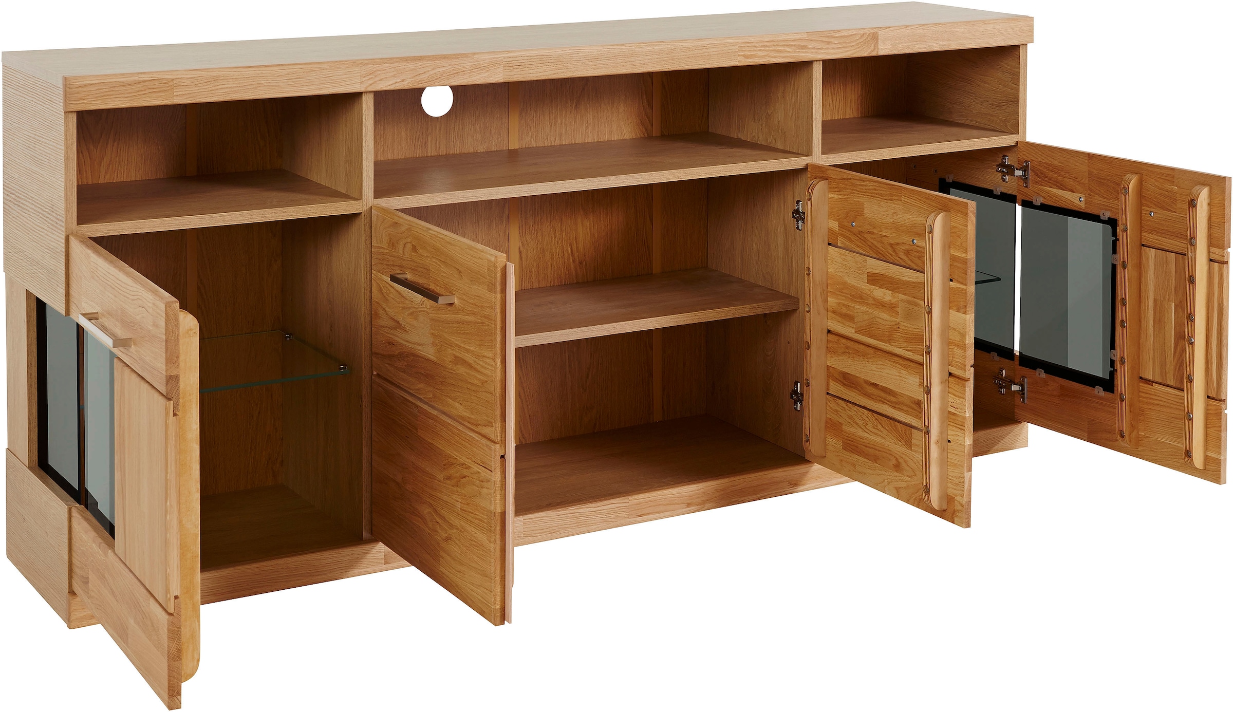 Home affaire Sideboard »Ribe,180cm breit,Oberplatte aus Massivholz, 9 Fächer«, Holz massiv, Holzwerkstoff, Metall Griffe,2Türen mit Glaseinsatz