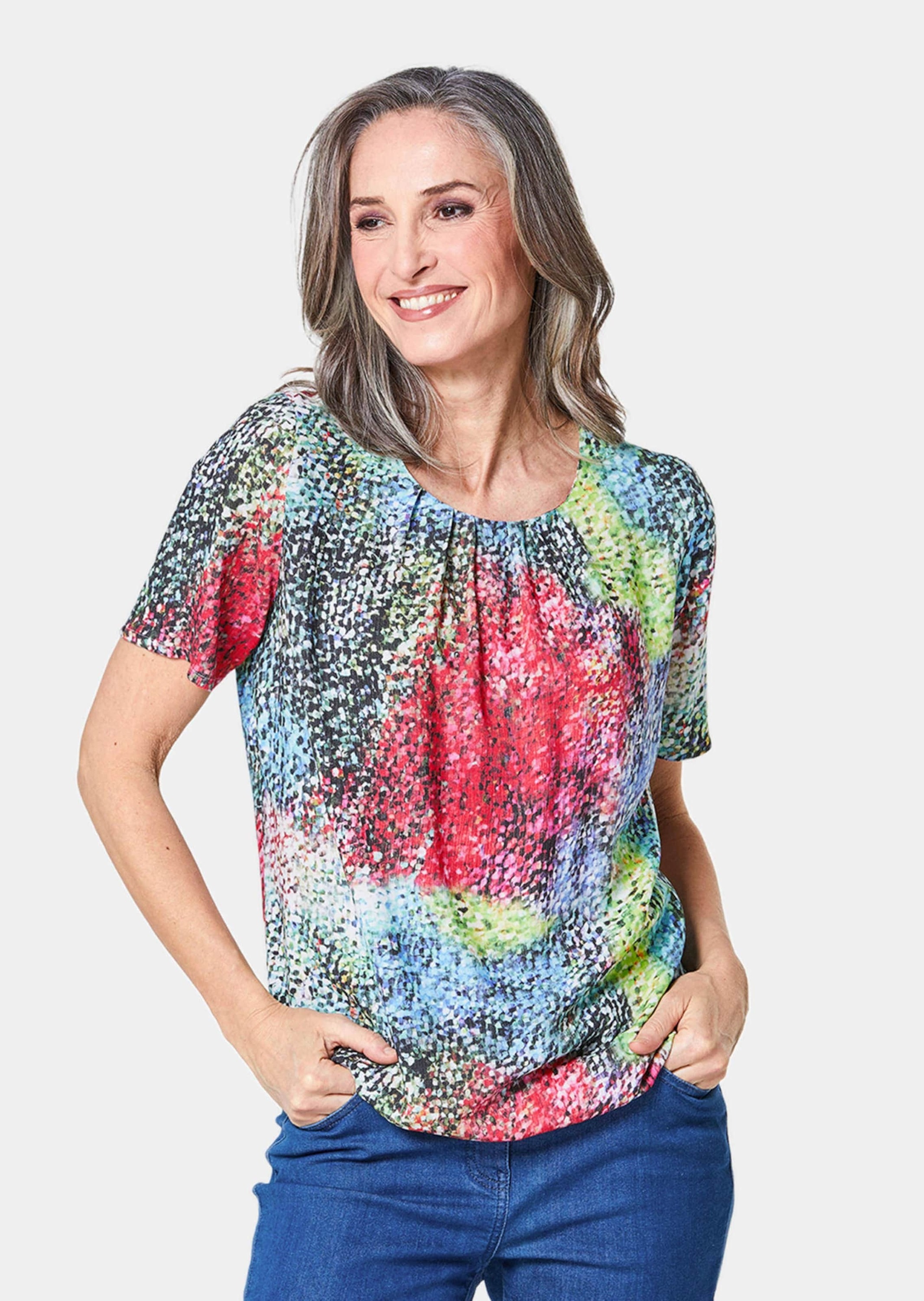 GOLDNER Druckbluse »Farbbrillante Druckbluse mit liebevollen Details«