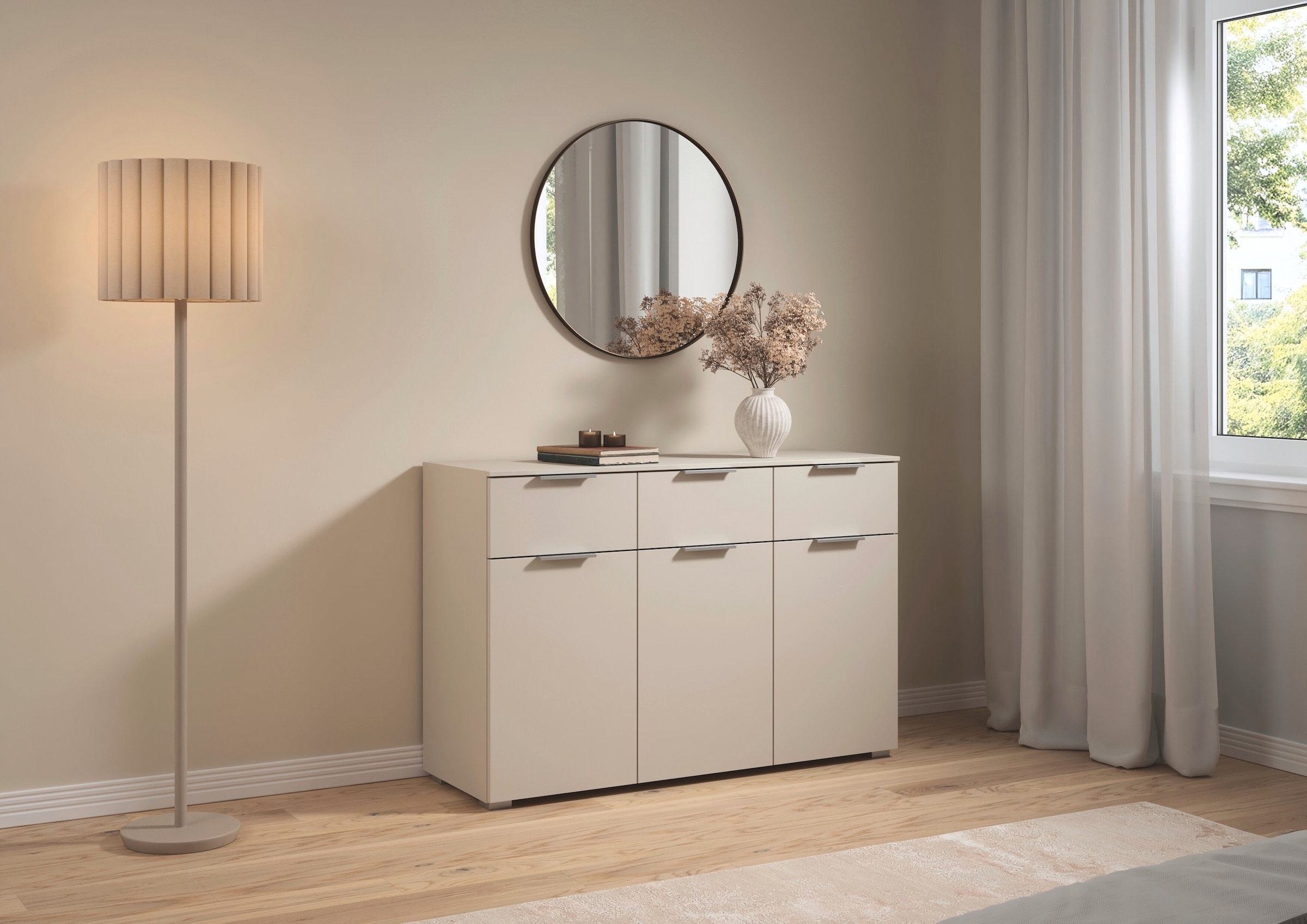 rauch Kombikommode »Sideboard Schubladenkommode CORTONA mit Dekor-Front« Breite 120 cm inkl. Soft-Close-Funktion,  mit 3 Schubladen und 3 verstellbaren Einlegeboden MADE IN GERMANY