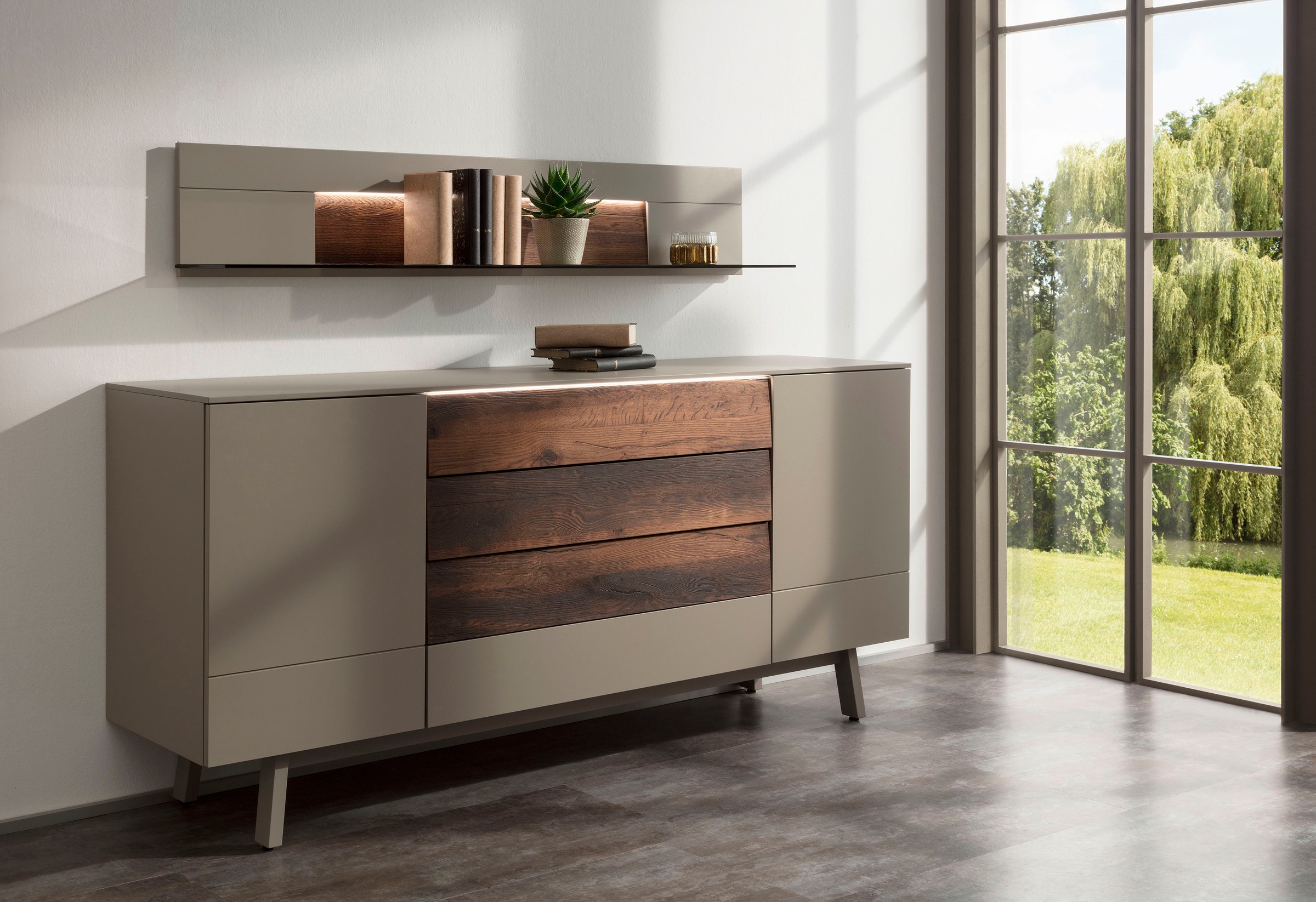 GWINNER Kombikommode »Misano MI31«, (2 St.), in Lack fango, wahlweise mit Beleuchtung. Breite des Sideboards 195 cm