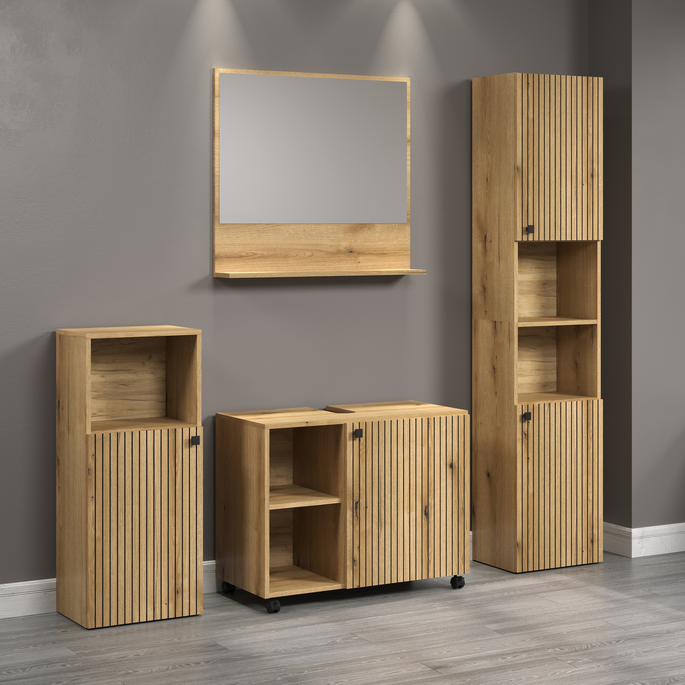 welltime Badmöbel-Set »Amrum«, (Komplett-Set, 4 St.), Badezimmermöbel mit Rillenoptik - Waschbeckenunterschrank auf Rollen