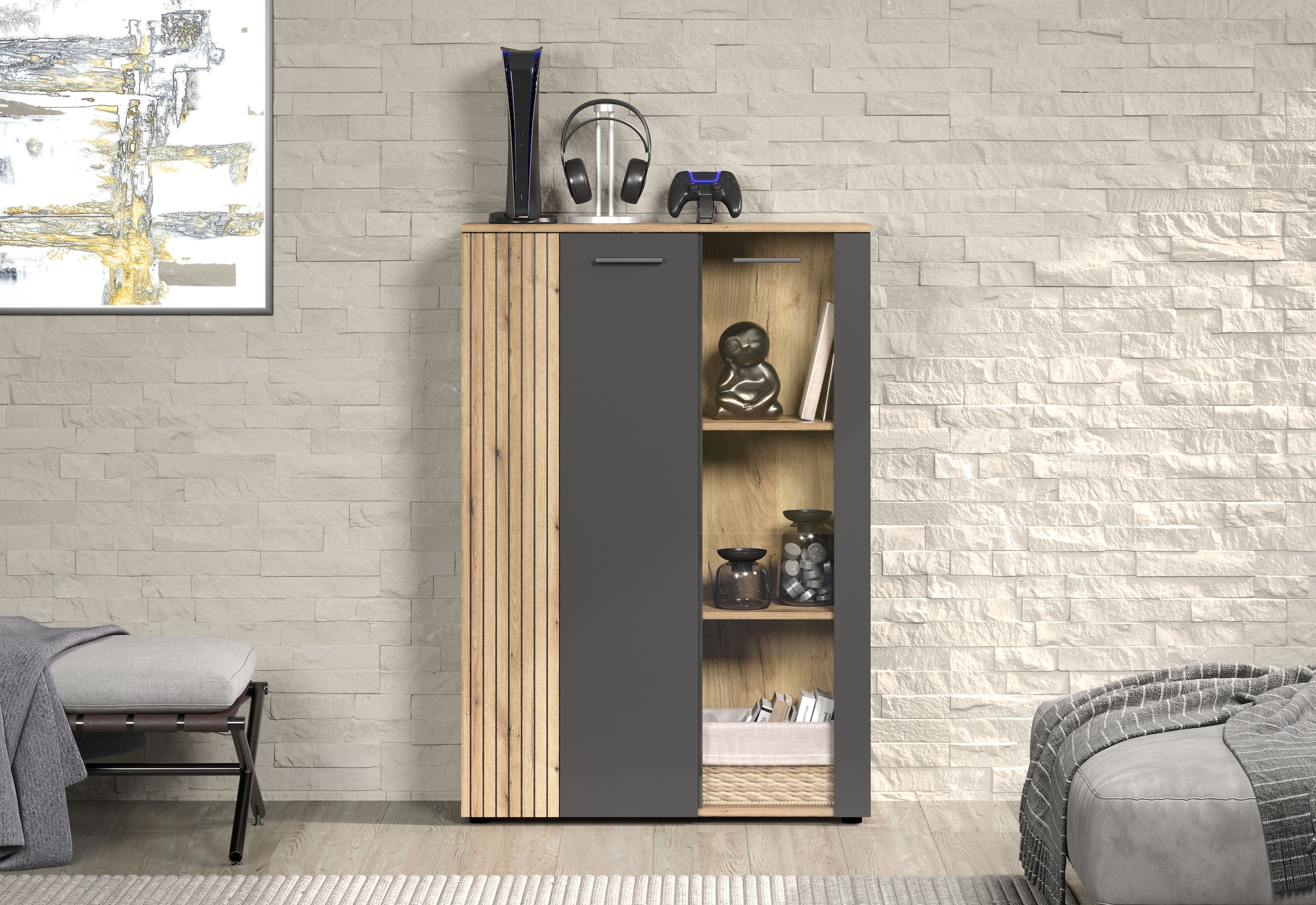 INOSIGN Highboard »Estepona«, (1 St.), Vitrine, Tür mit Rillen-Optik, Breite 91 cm