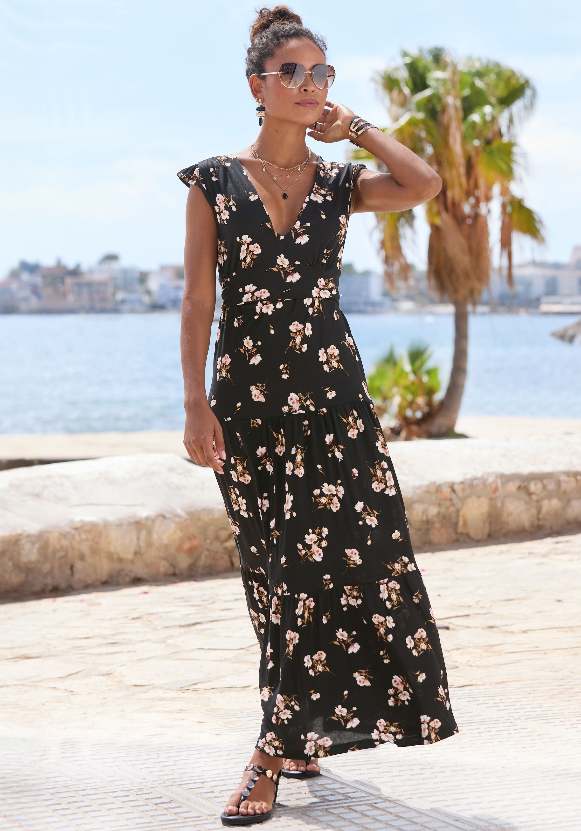 Vivance Maxikleid Ohne Taschen mit V-Ausschnitt, langes Jerseykleid mit Blumendruck
