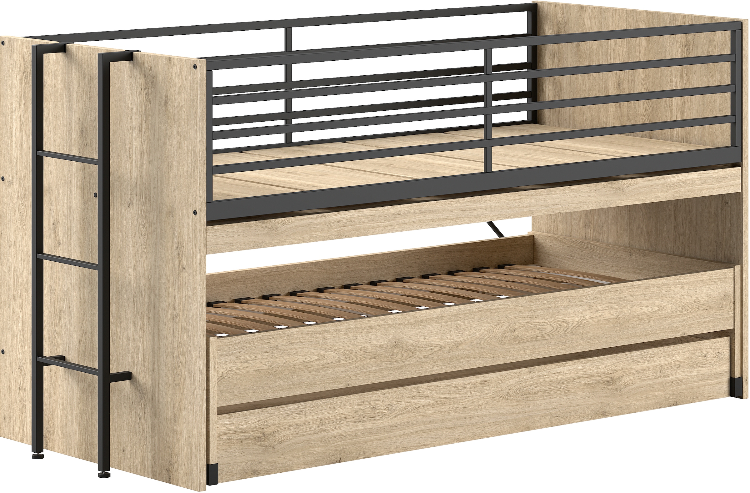 Home affaire Etagenbett »praktisches Etagenbett mit viel Funktion, 2 Dekore zur Wahl«, (B/H/T ca. 219x114x98cm, Metall Leiter und Absturzschutz in schwarz), für kleine Räume, 2 Liegefl., Bettschublade, inkl. Schreibtisch
