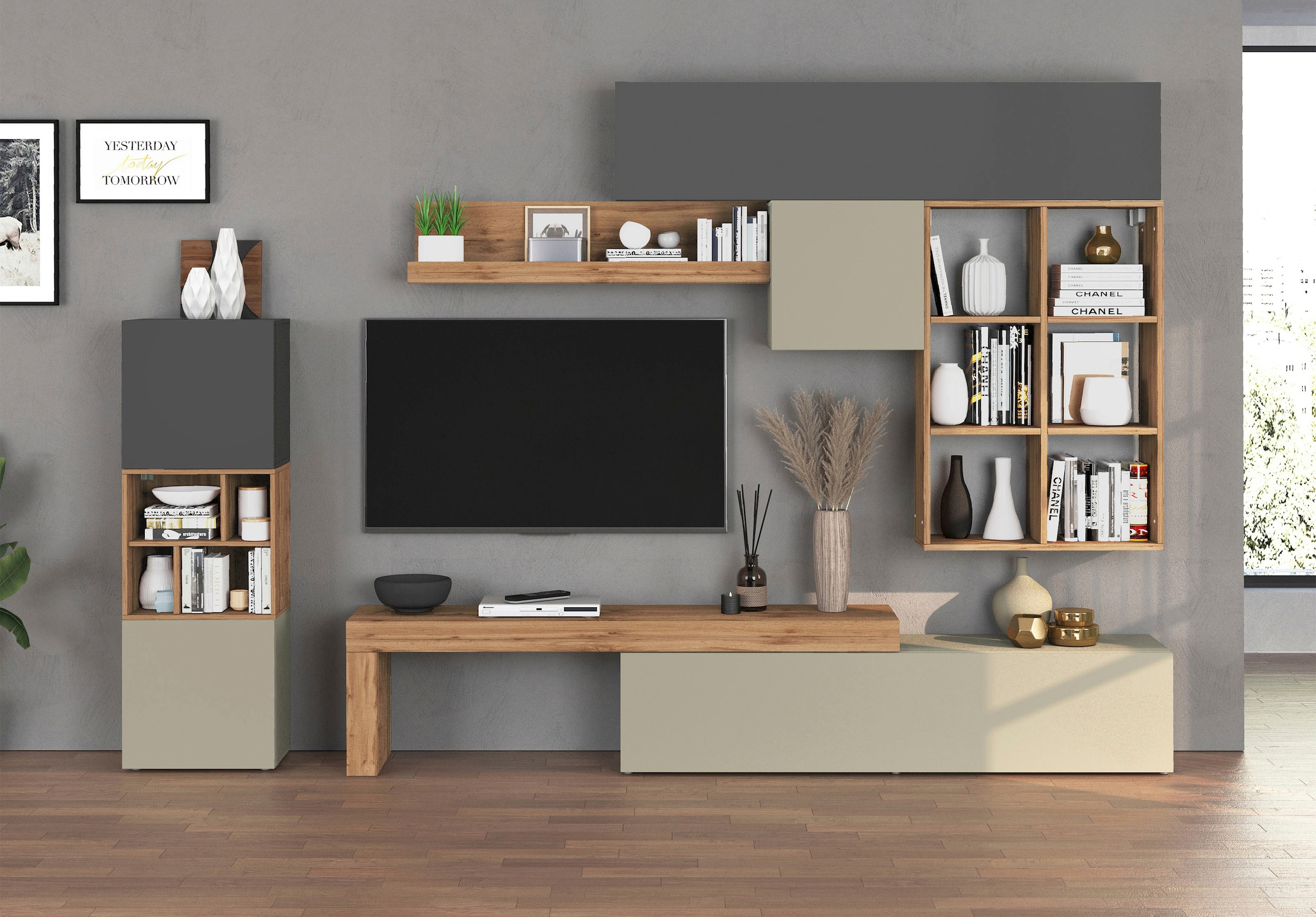 INOSIGN Wohnwand »Chronos Wohnwand, Medienwand, 8-er set«, (Set, 8 St.), ca. 320 cm mit Hängeschränke, Würfel, Regal, Lowboard, Made in Italy
