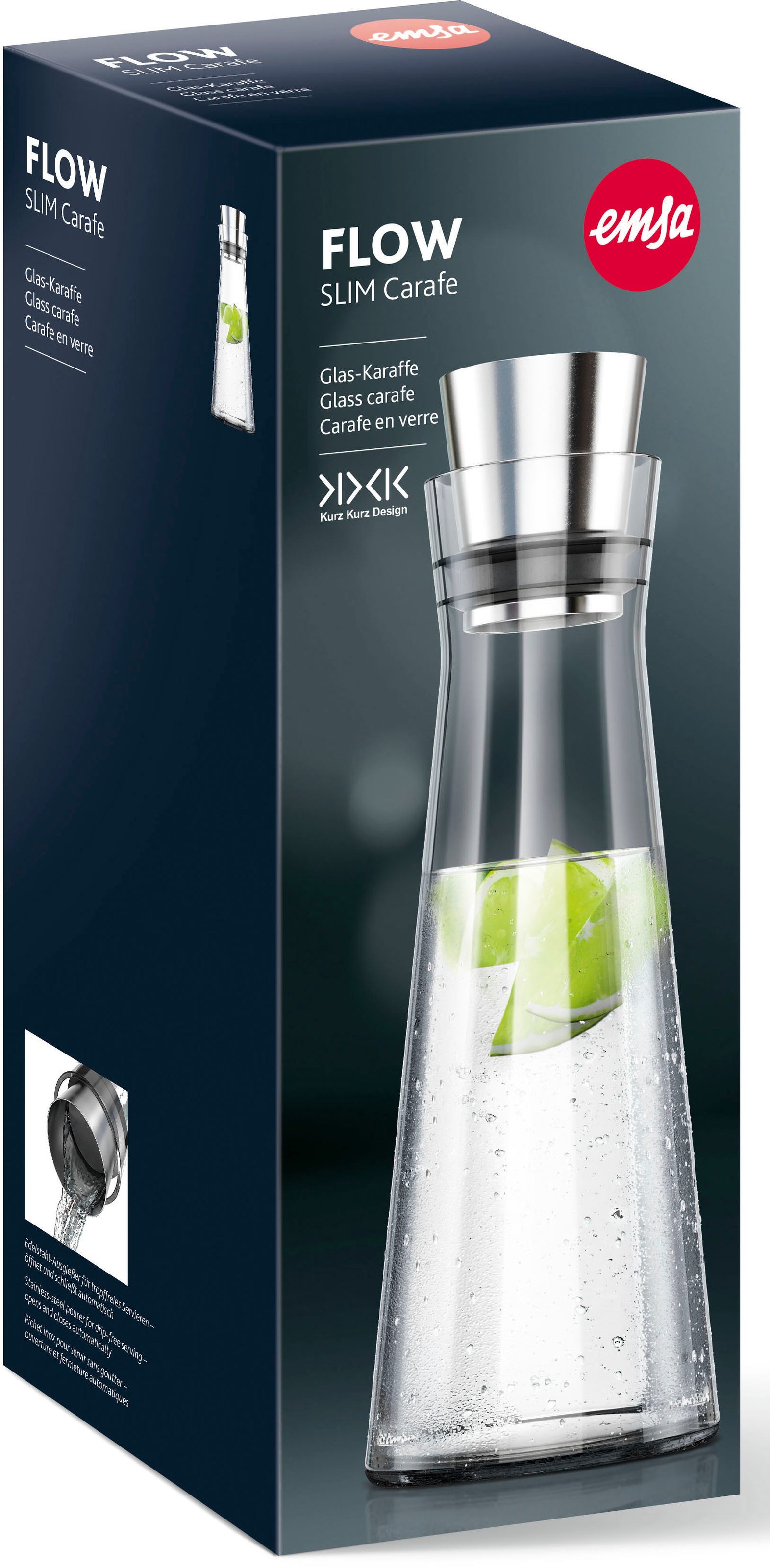 Emsa Karaffe »515675 Flow Slim«, automatische Verschlusskappe, Ausgießer, mundgeblasenes Glas, 1 L