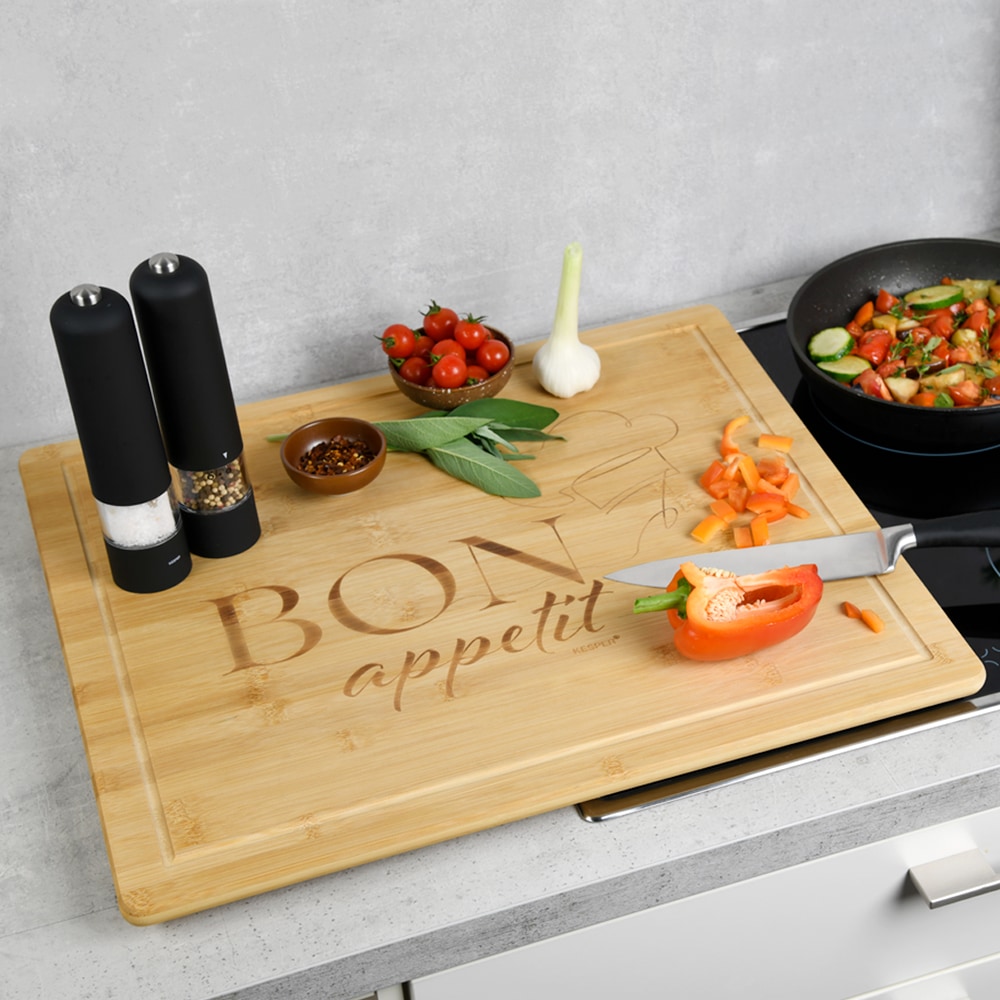 KESPER® Herdblende-/Abdeckplatte »Schneidebrett, Bon appetit« mit vier Bambusfüßen