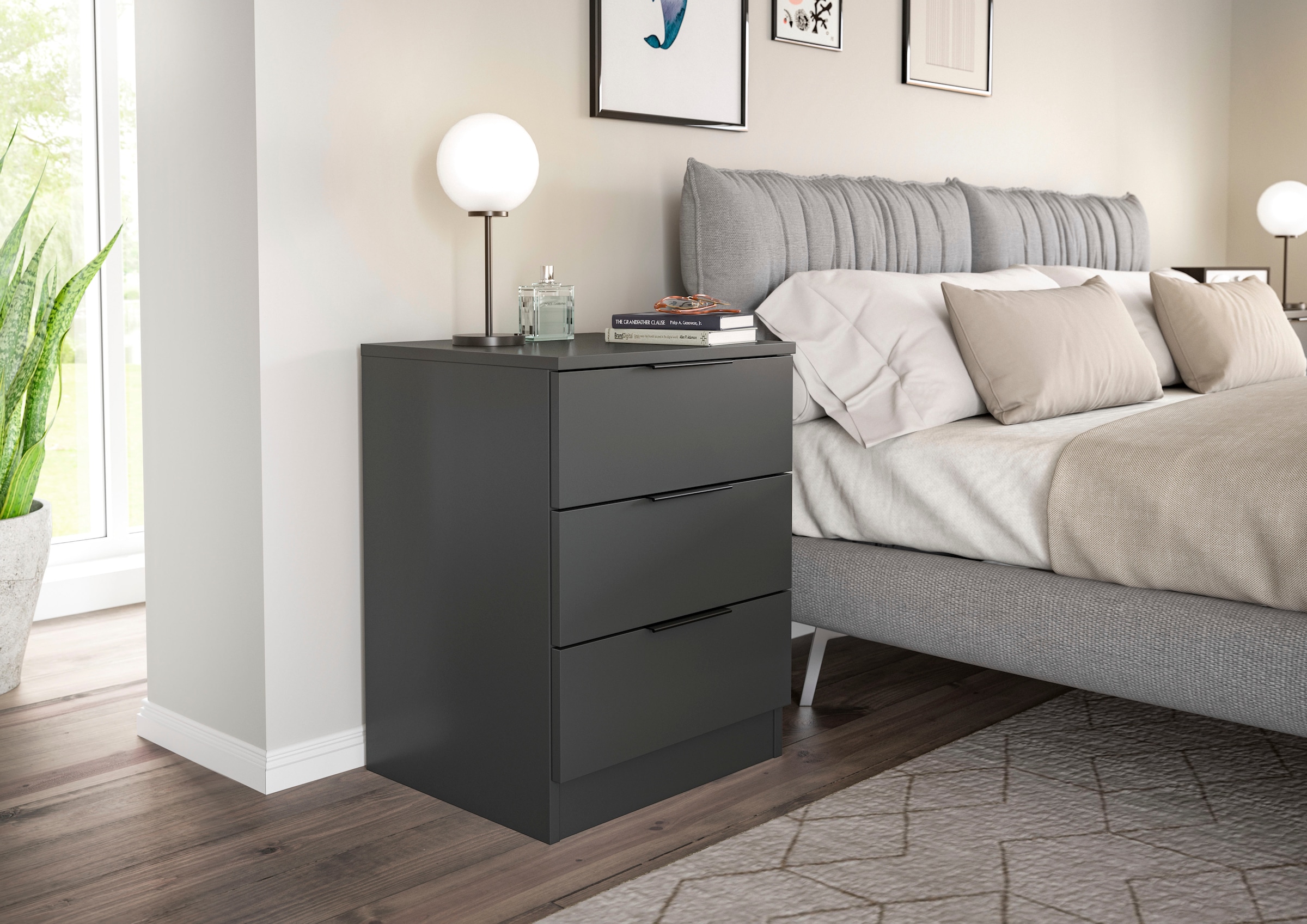 Home affaire Nachtkommode »Skarde Nachttisch Beistelltisch Kommode, Breite: 45 cm« 1 Stk. tlg. Skarde, Nachtkommode, 3 Schubkästen, anthrazit