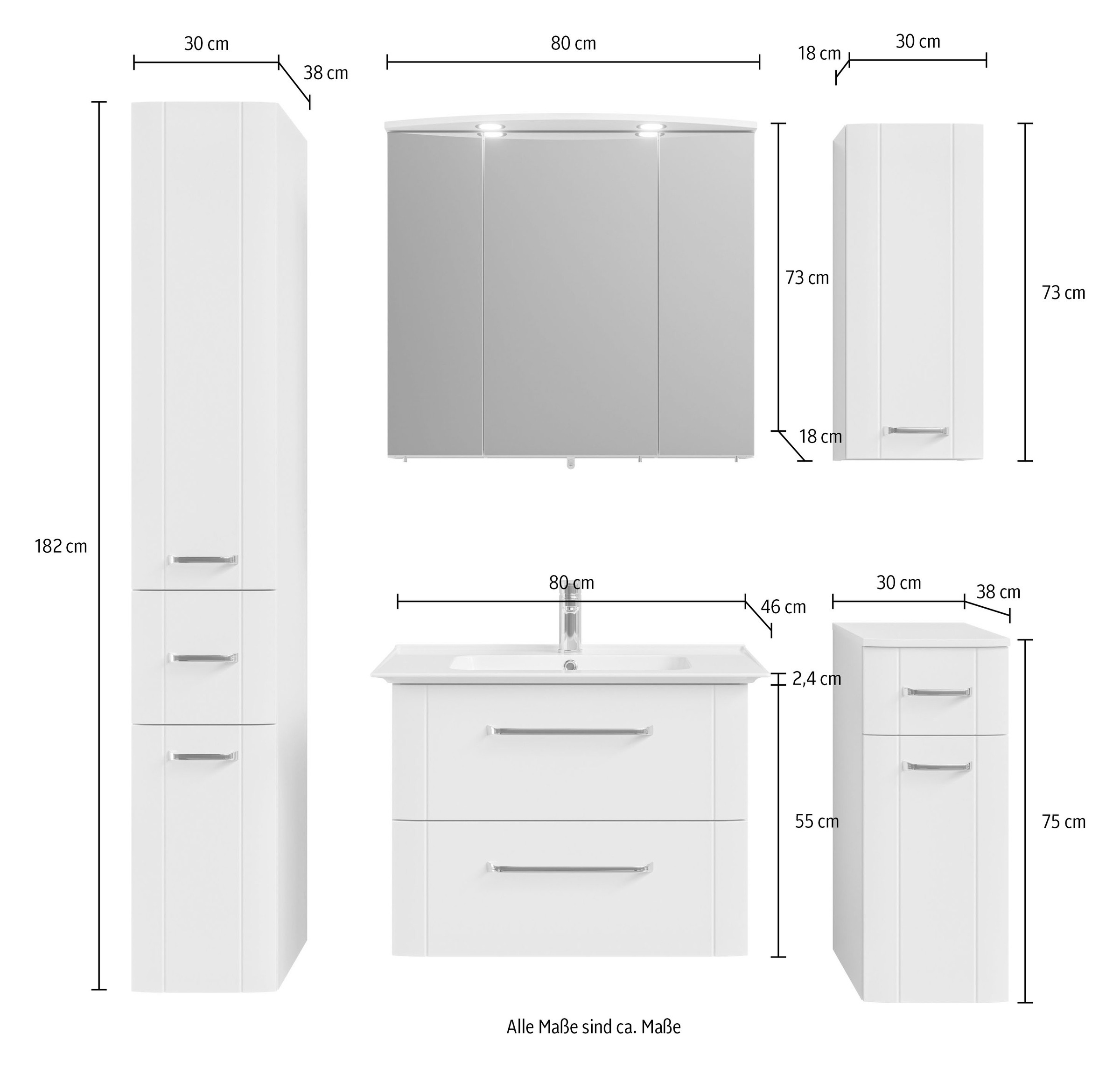 Saphir Badmöbel-Set »Badmöbel-Set Serie 3006 5-teilig Keramik-Waschtisch mit Spiegelschrank«, (6 St.), Badezimmer-Set mit Unterschrank, Hängeschrank, Hochschrank, Türdämpfer