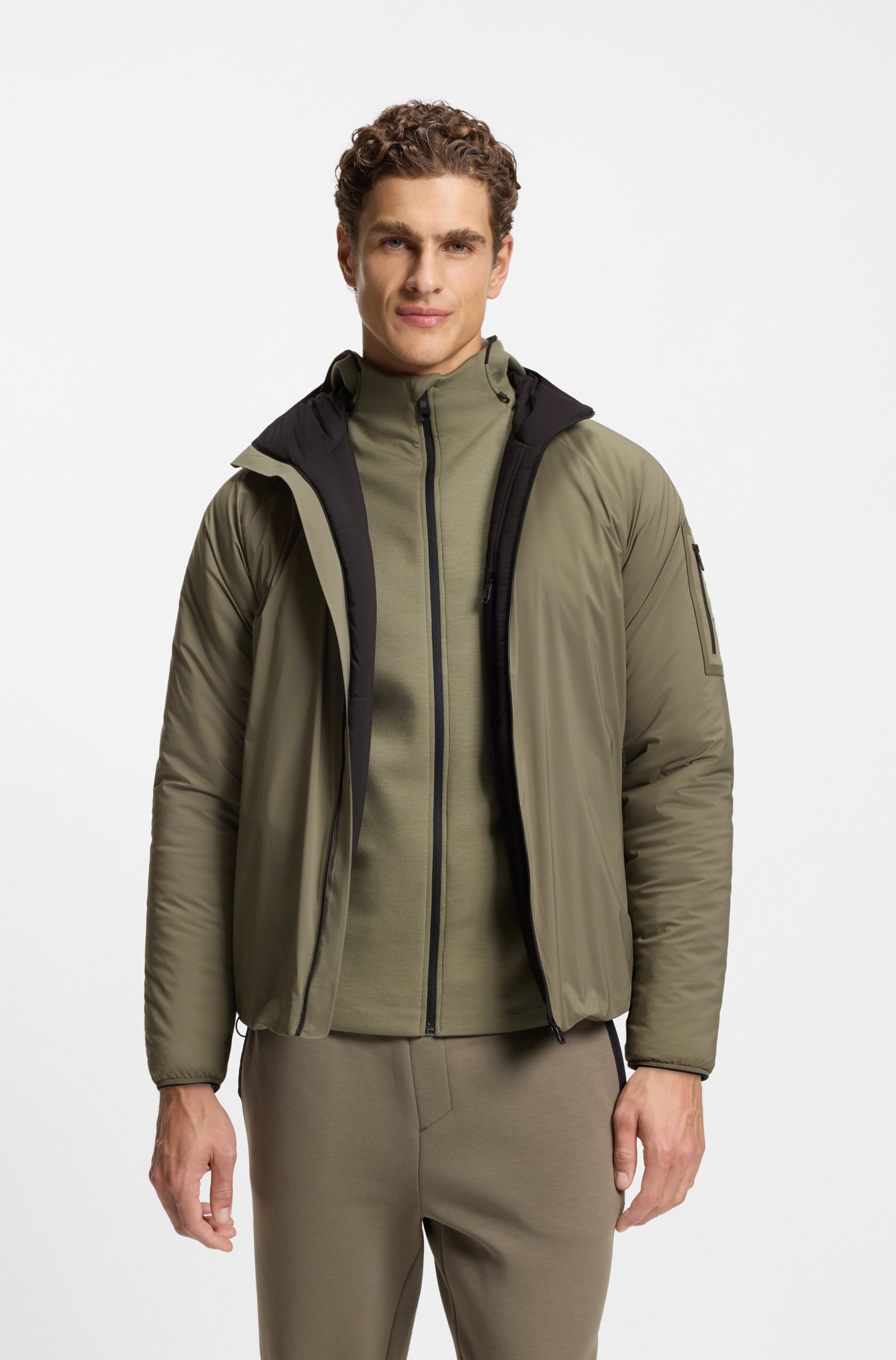 BOSS GREEN Outdoorjacke mit Kapuze leicht wattiert, 4-Wege-Stretch-Qualität, Regular Fit