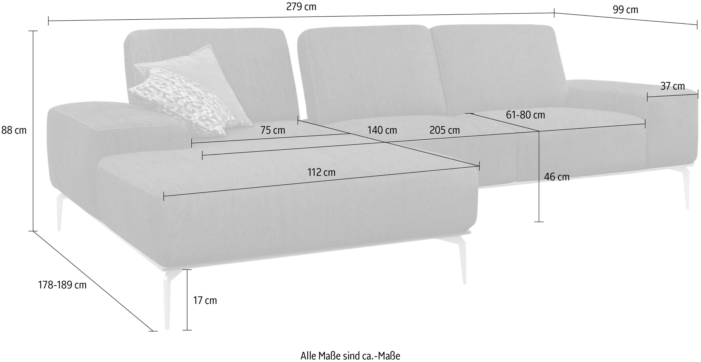 W.SCHILLIG Ecksofa »run, Designsofa mit tollem Sitzkomfort, bequem, L-Form«, mit elegantem Holzsockel, Füße in Silber matt, Breite 279 cm