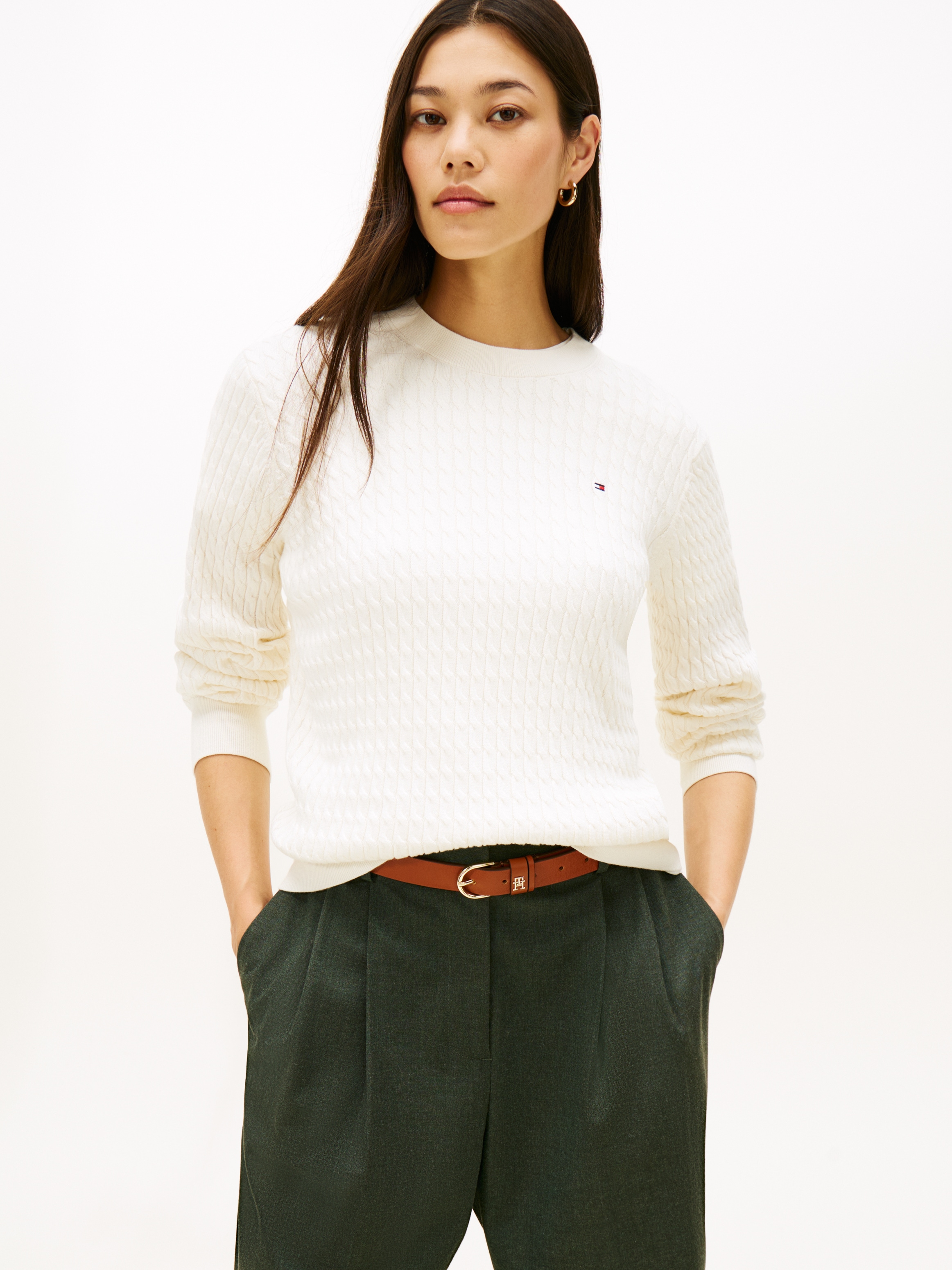 Tommy Hilfiger Rundhalspullover »CO CABLE C-NK LS SWEATER« Baumwolle, mit Zopfmuster, Regular Fit
