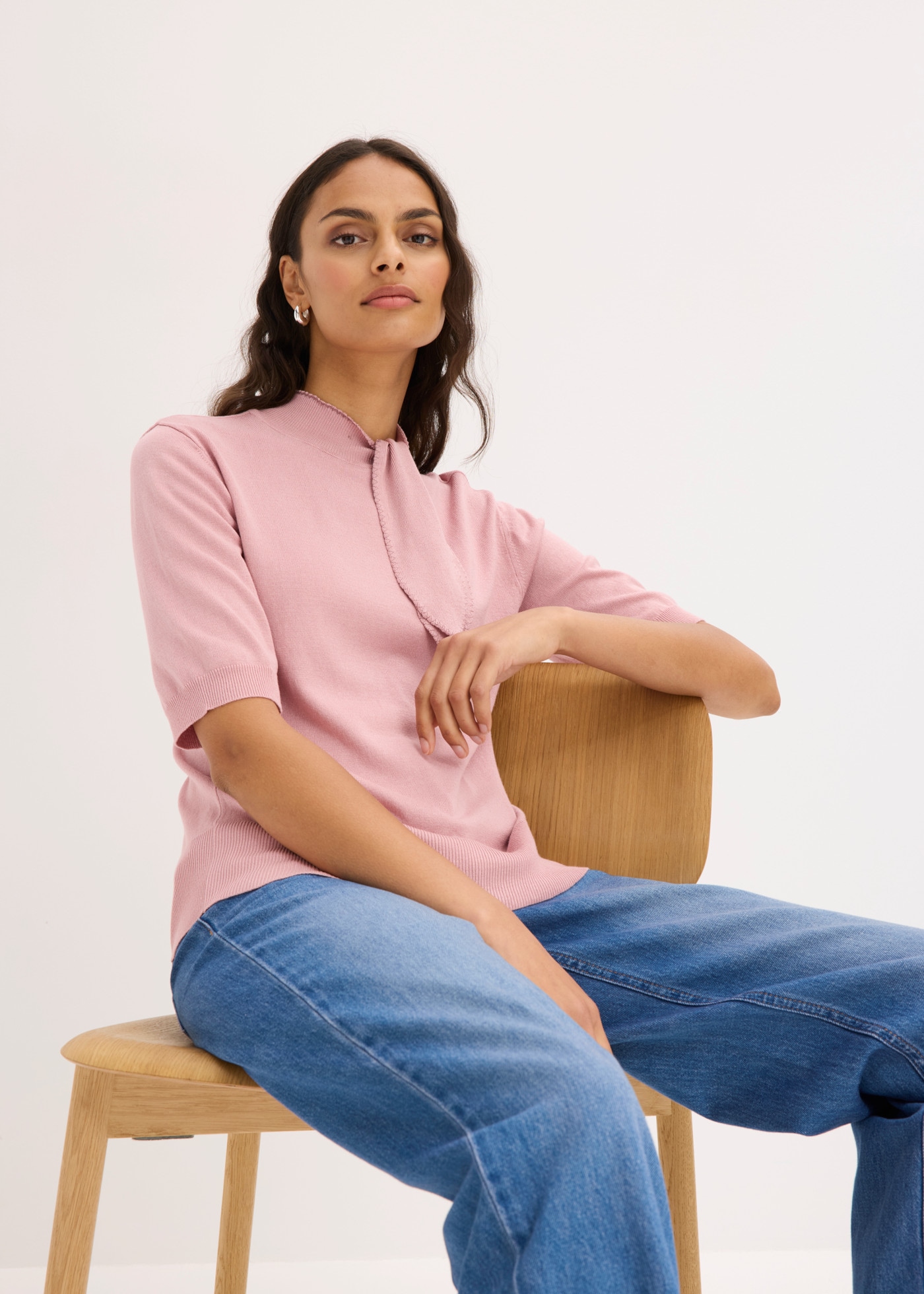 bonprix Strickpullover mit Schluppe, Halbarm, schmale Passform