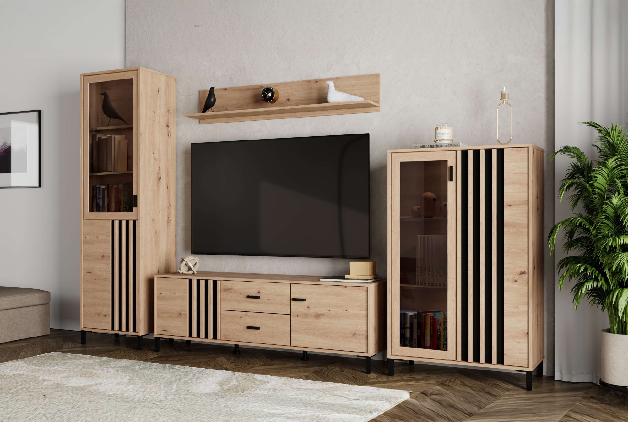 Home affaire Highboard »LAVAL, Hochkommode, Vitrine, Glasvitrine, Kombi-Highboard« Modernes Highboard in Artisan-Dekor mit Glasfront & Lamellen-Optik