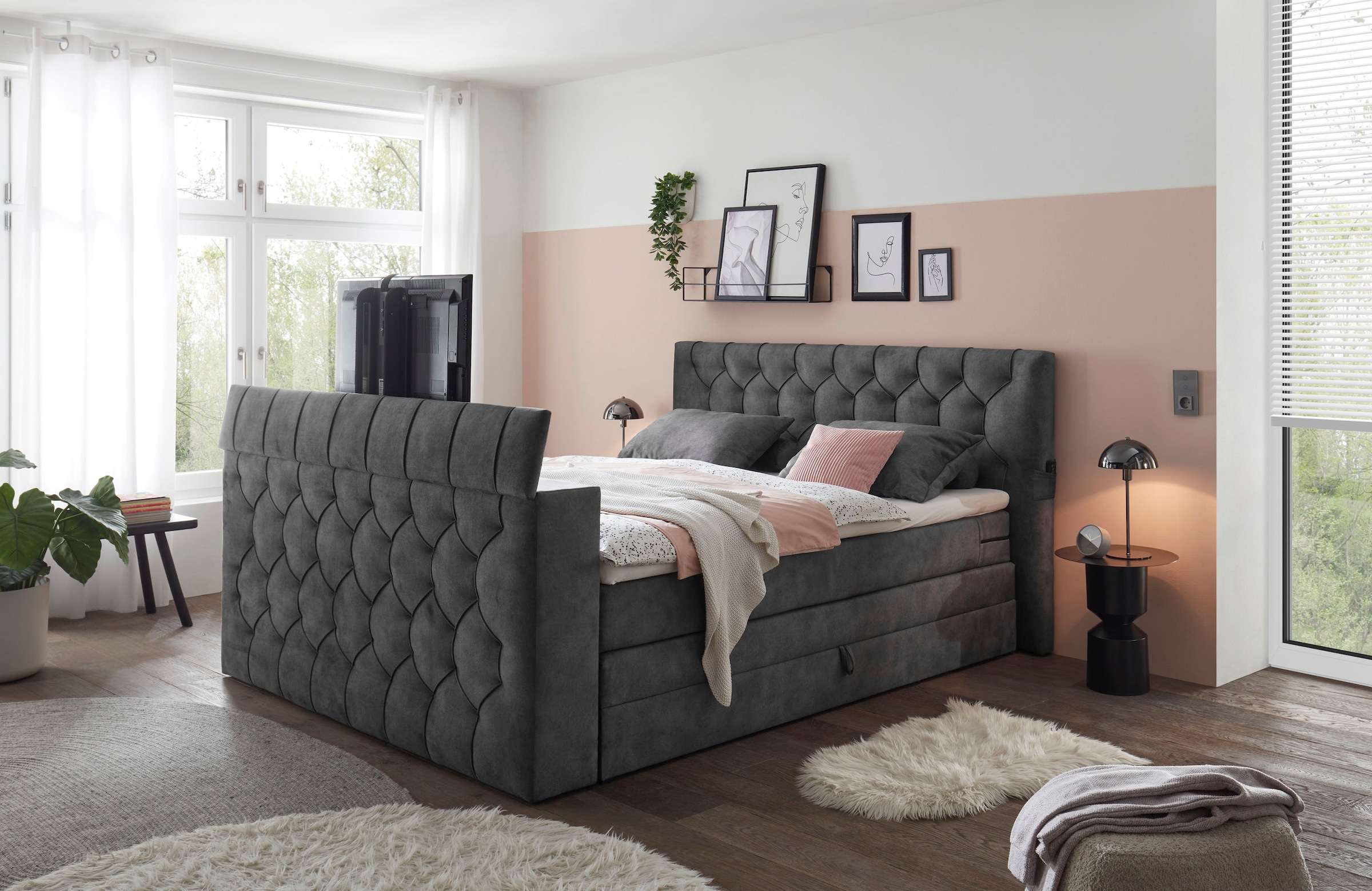 ED EXCITING DESIGN Boxspringbett »Springdale«, mit Bettkasten, motorisierter TV-Halterung, Duo-Matratze...