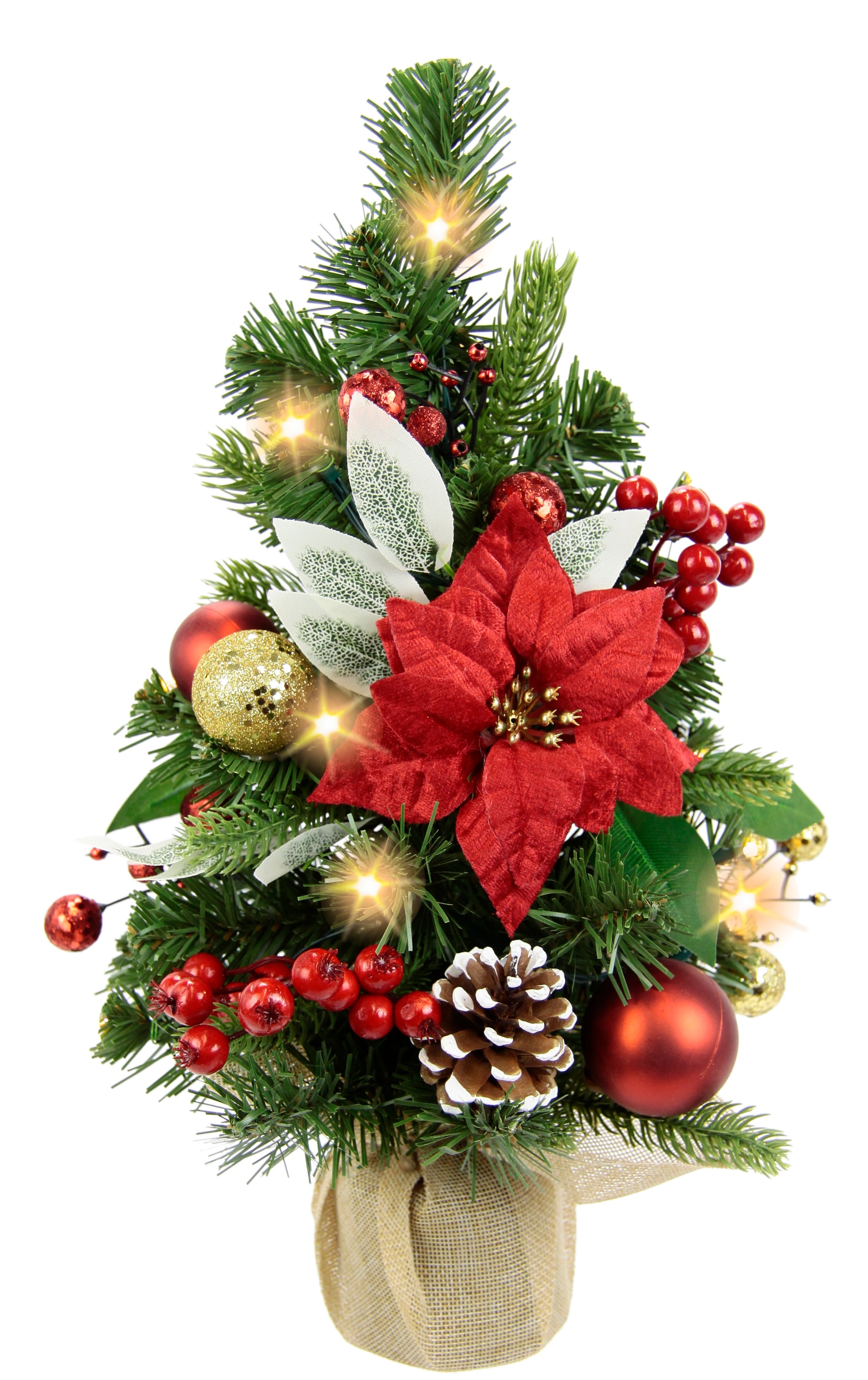 I.GE.A. Künstlicher Weihnachtsbaum »Geschmückter Tannenbaum Poinsettia mit LED-Licht«, Im Topf Christstern Christbaumkugeln Zapfen Weihnachtsdeko Christbaum
