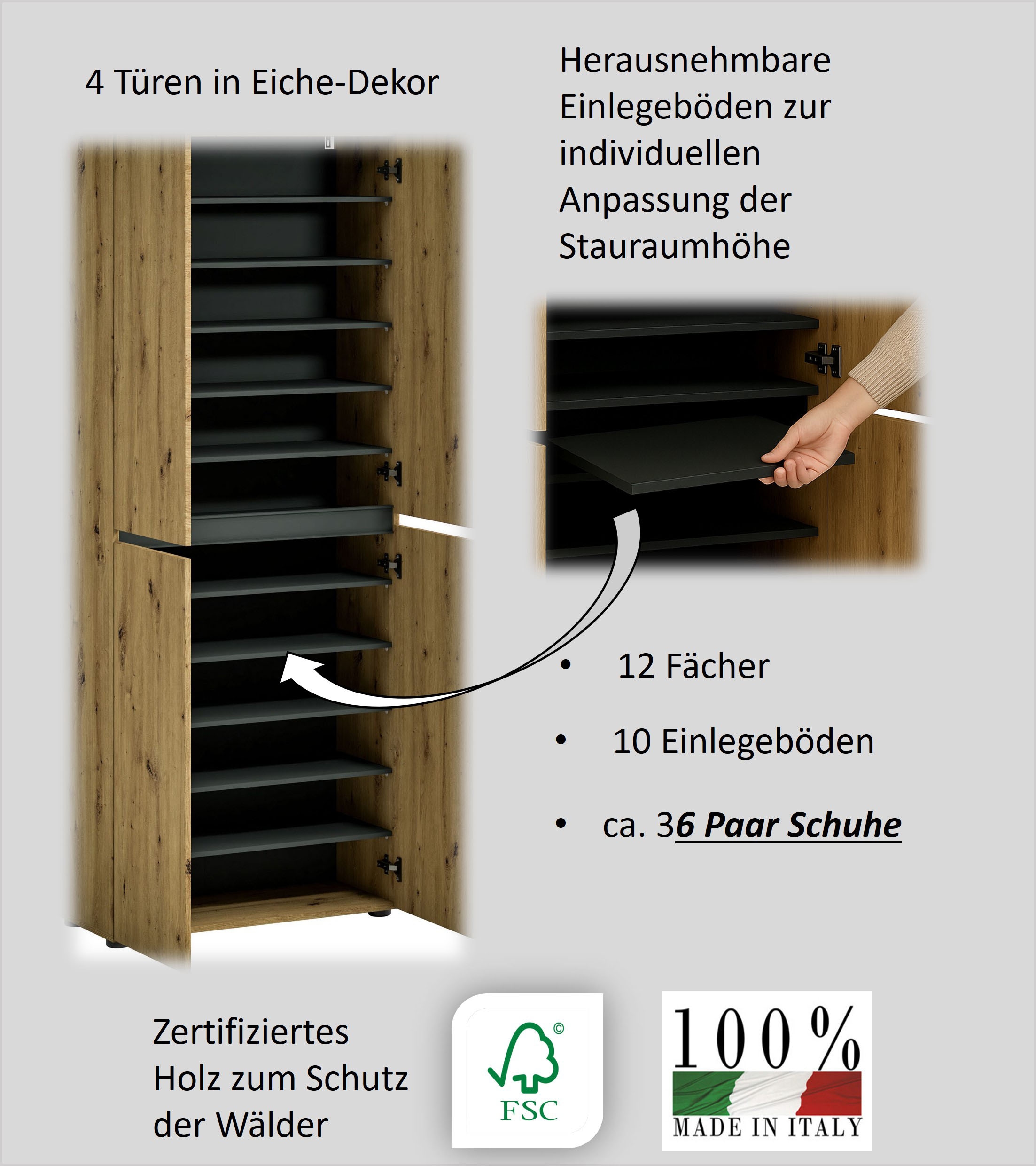 INOSIGN Schuhschrank »MISTER- Schuhregal, Made in Italy, 12 Fächer, 10 Einlegeböden«, Breite 80 cm, Höhe 200 cm, 4 Türen, wendbare Blende